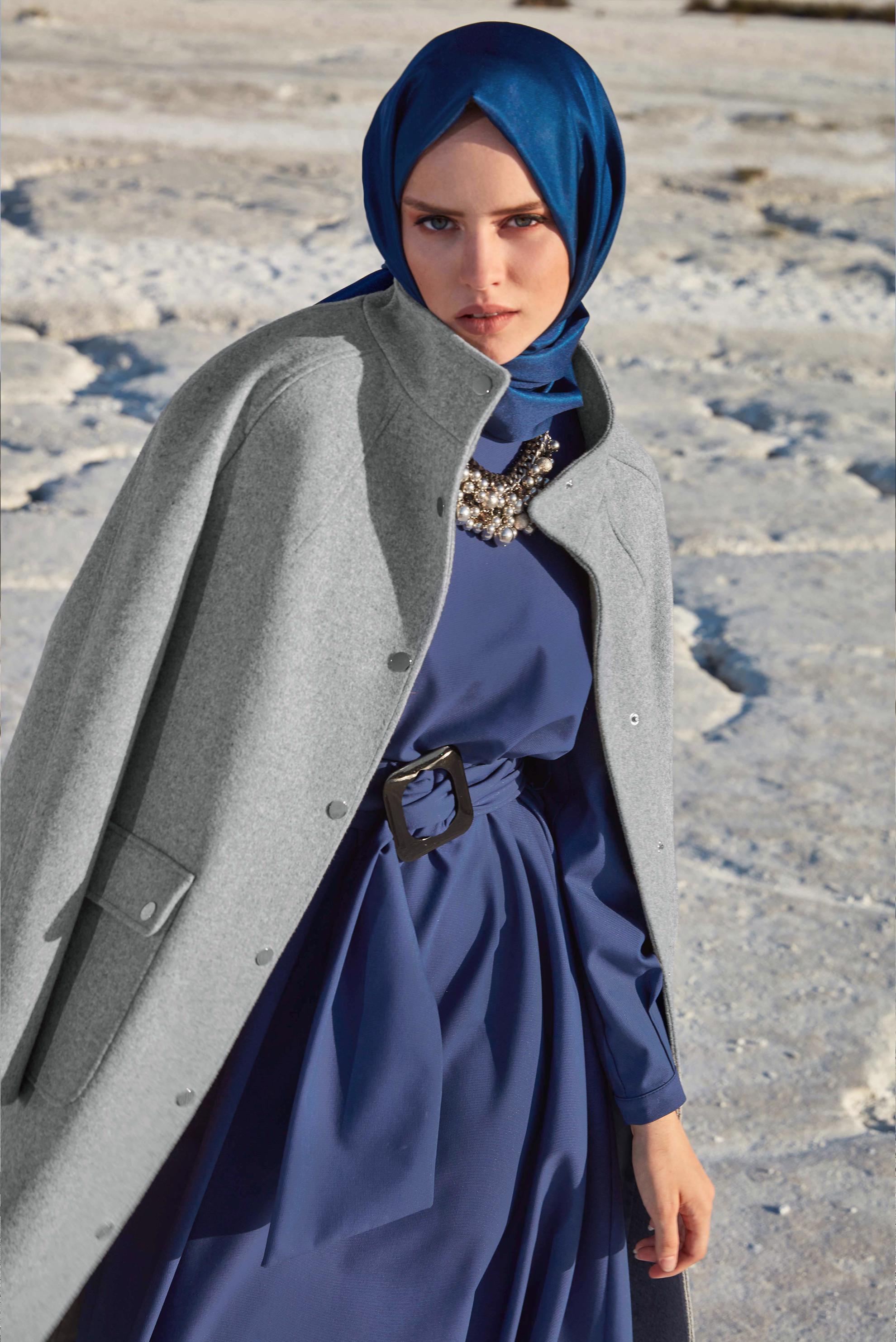 Hijab clothing GREY SNAP DETAILED WALKER COAT 90013 