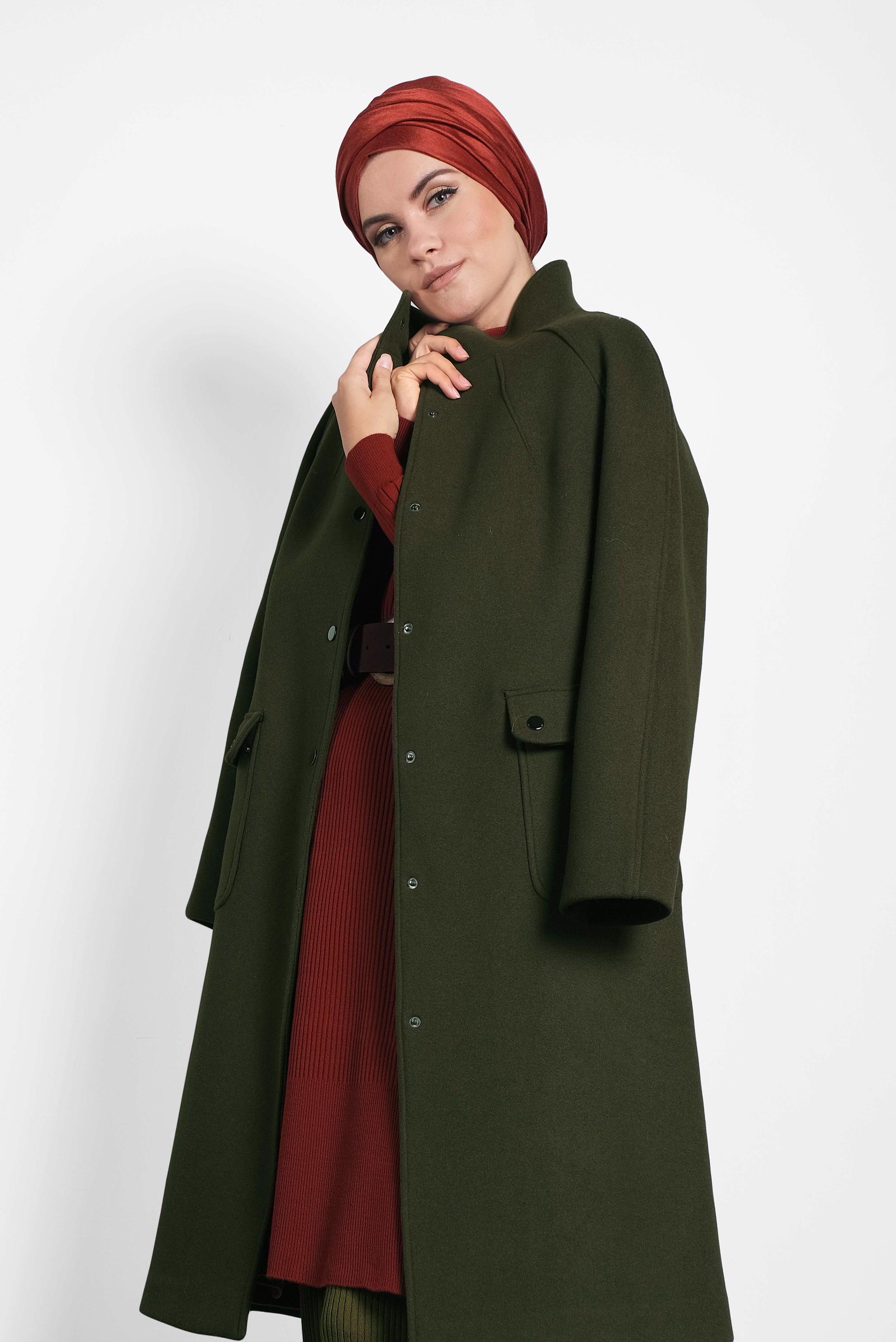 Tesettür giyim HAKİ ÇITÇITLI KAŞE KABAN 90013 