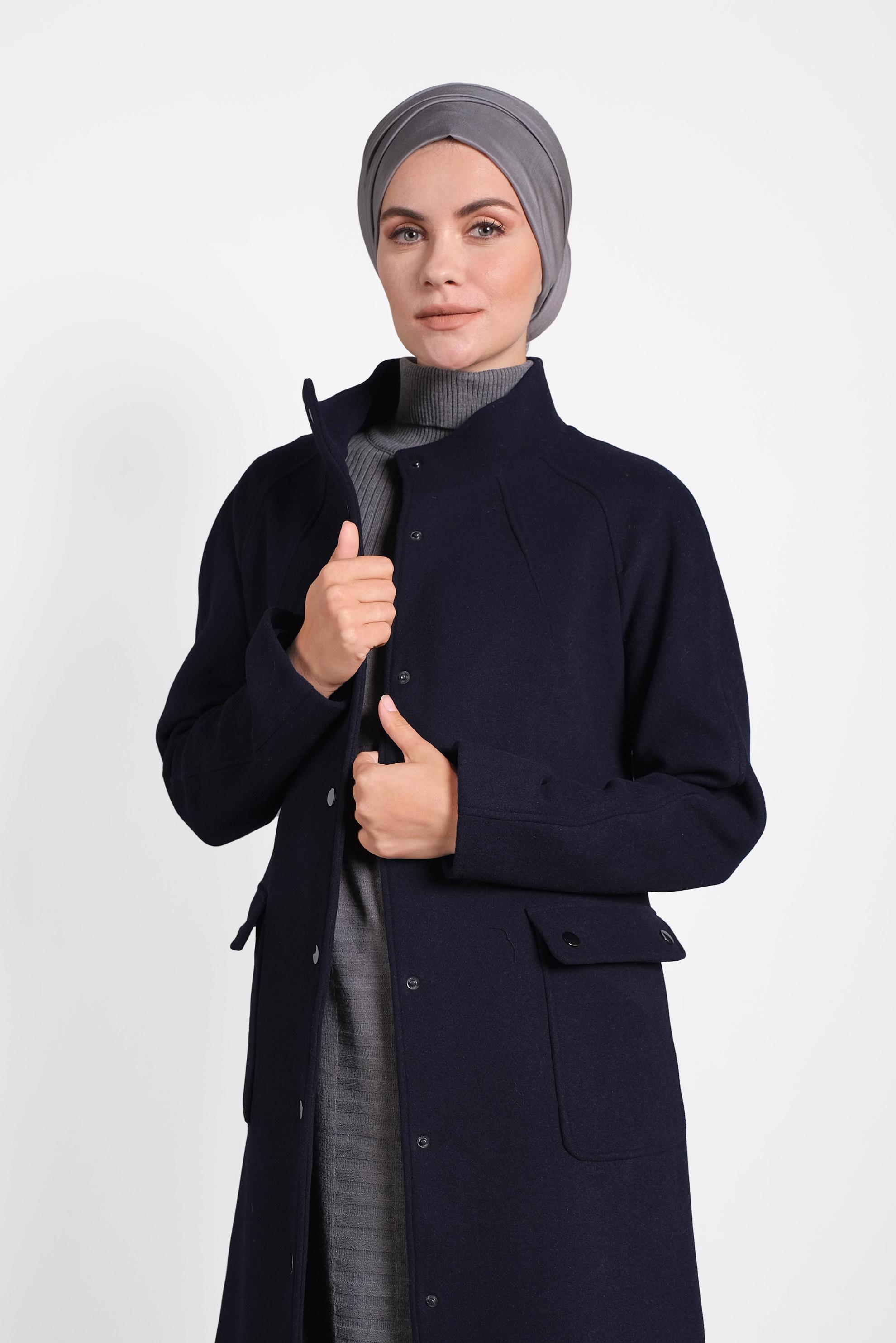 Hijab clothing NAVY BLUE SNAP DETAILED WALKER COAT 90013 