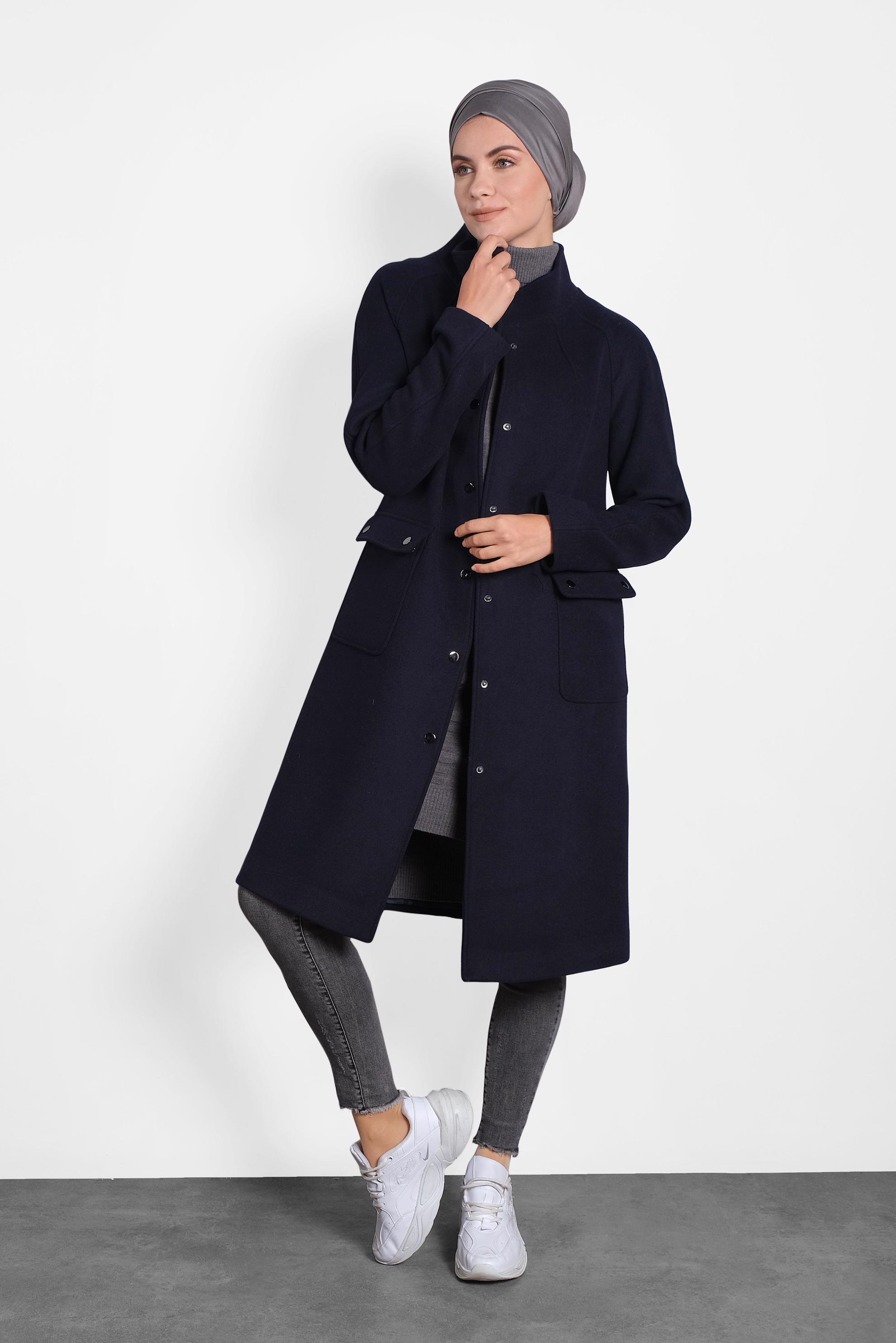 Hijab clothing NAVY BLUE SNAP DETAILED WALKER COAT 90013 
