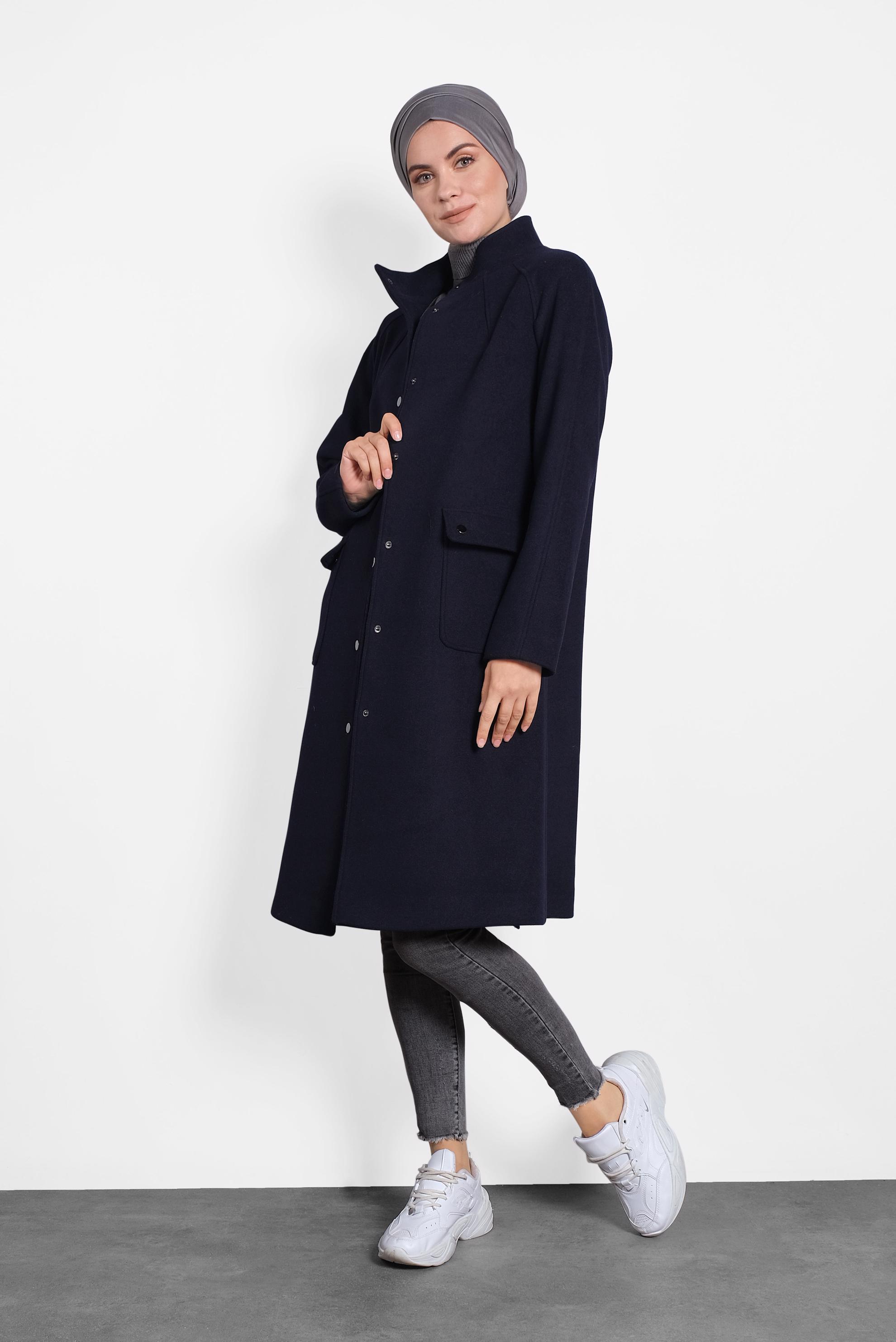 Hijab clothing NAVY BLUE SNAP DETAILED WALKER COAT 90013 