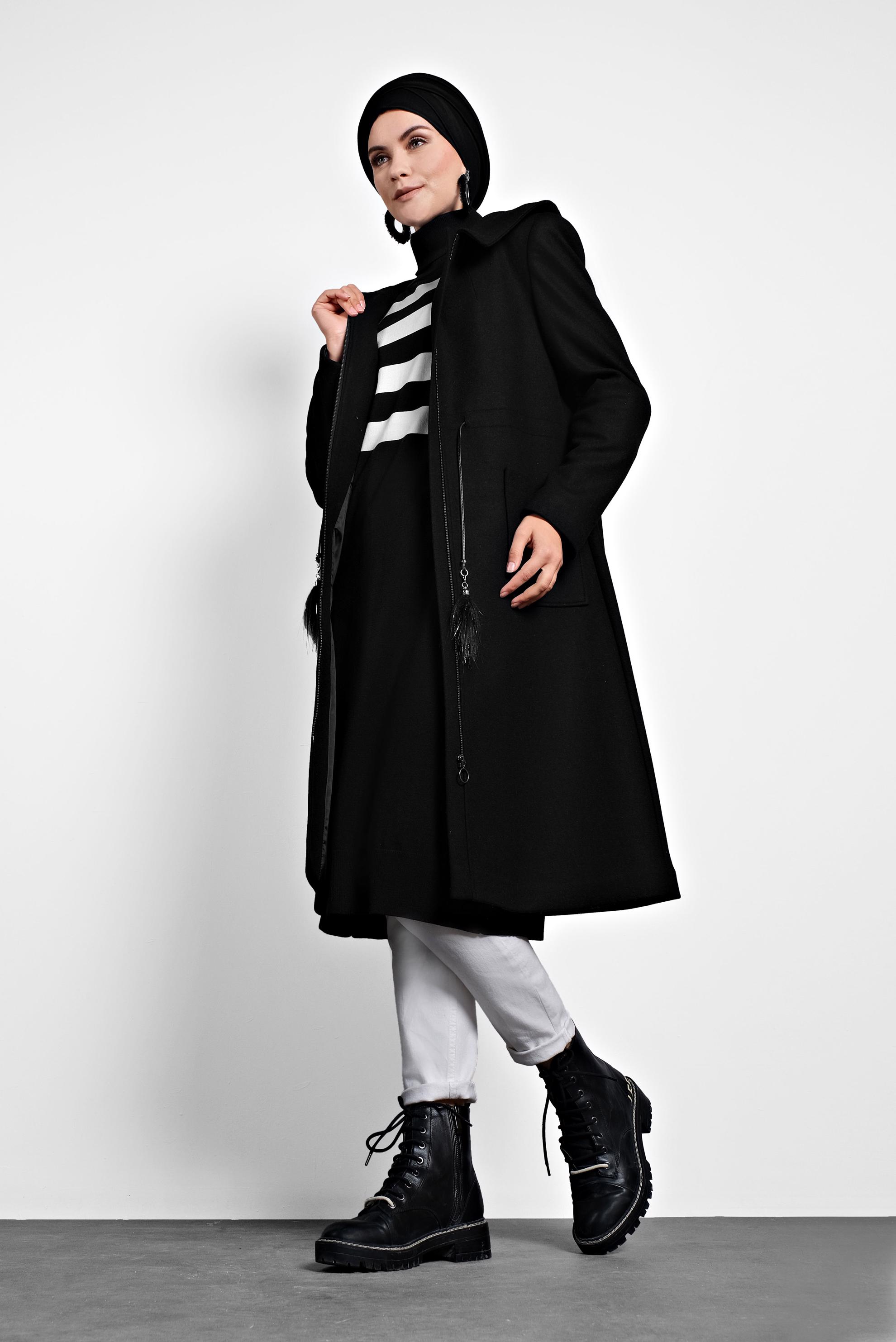 Hijab clothing BLACK HOODED COAT WITH POCKETS 90015