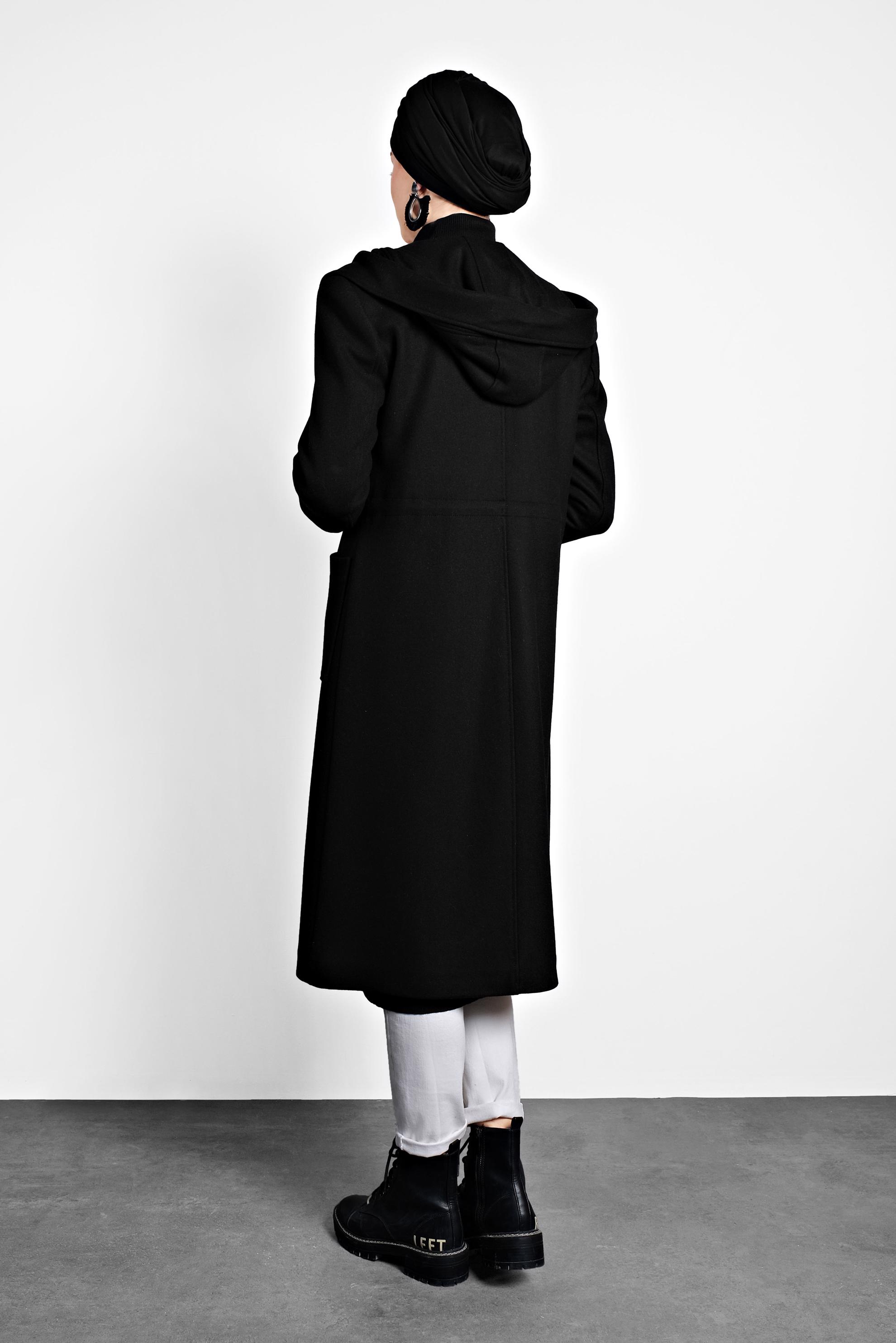 Hijab clothing BLACK HOODED COAT WITH POCKETS 90015