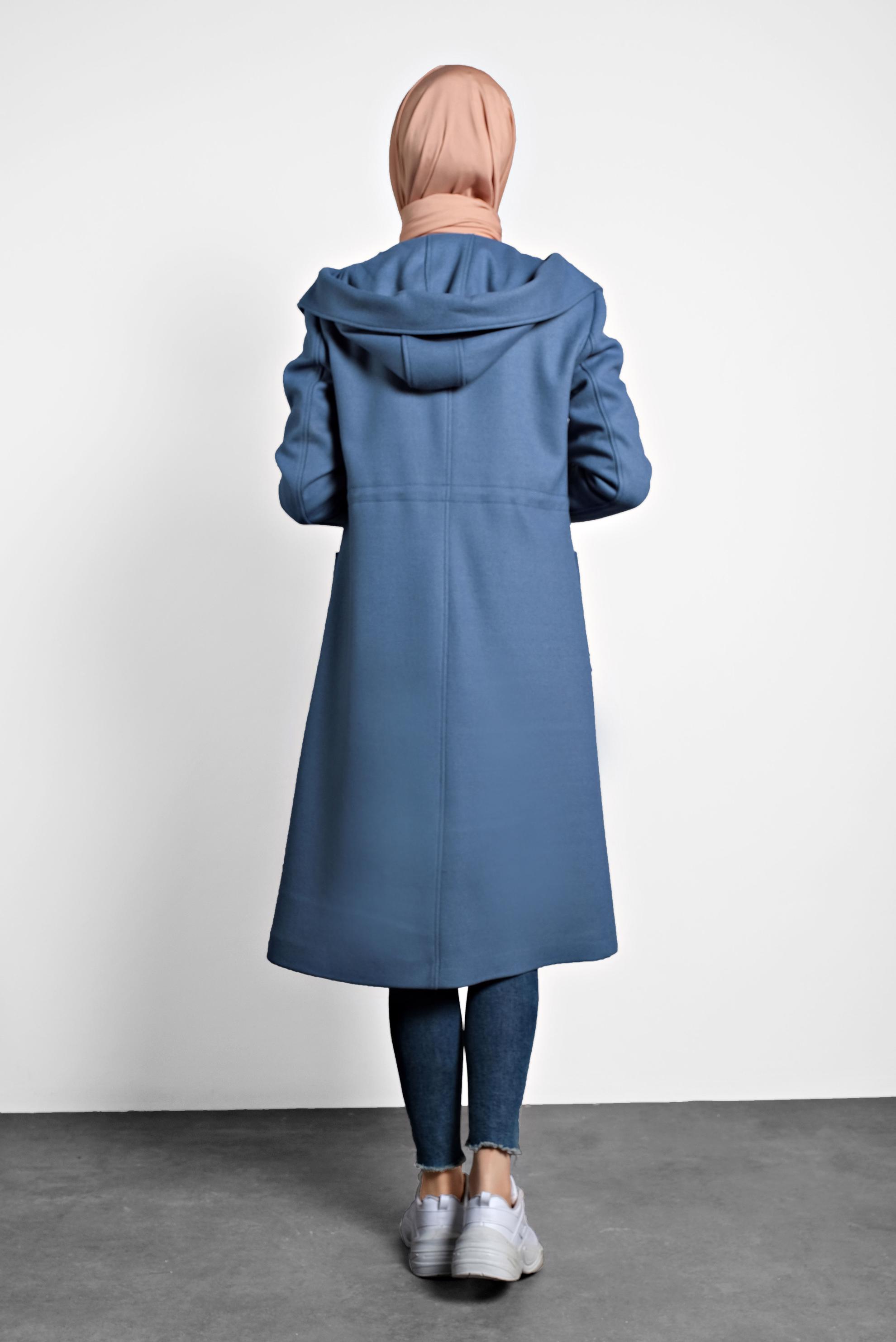 Tesettür giyim MAVİ KAPÜŞONLU CEPLİ KABAN 90015 