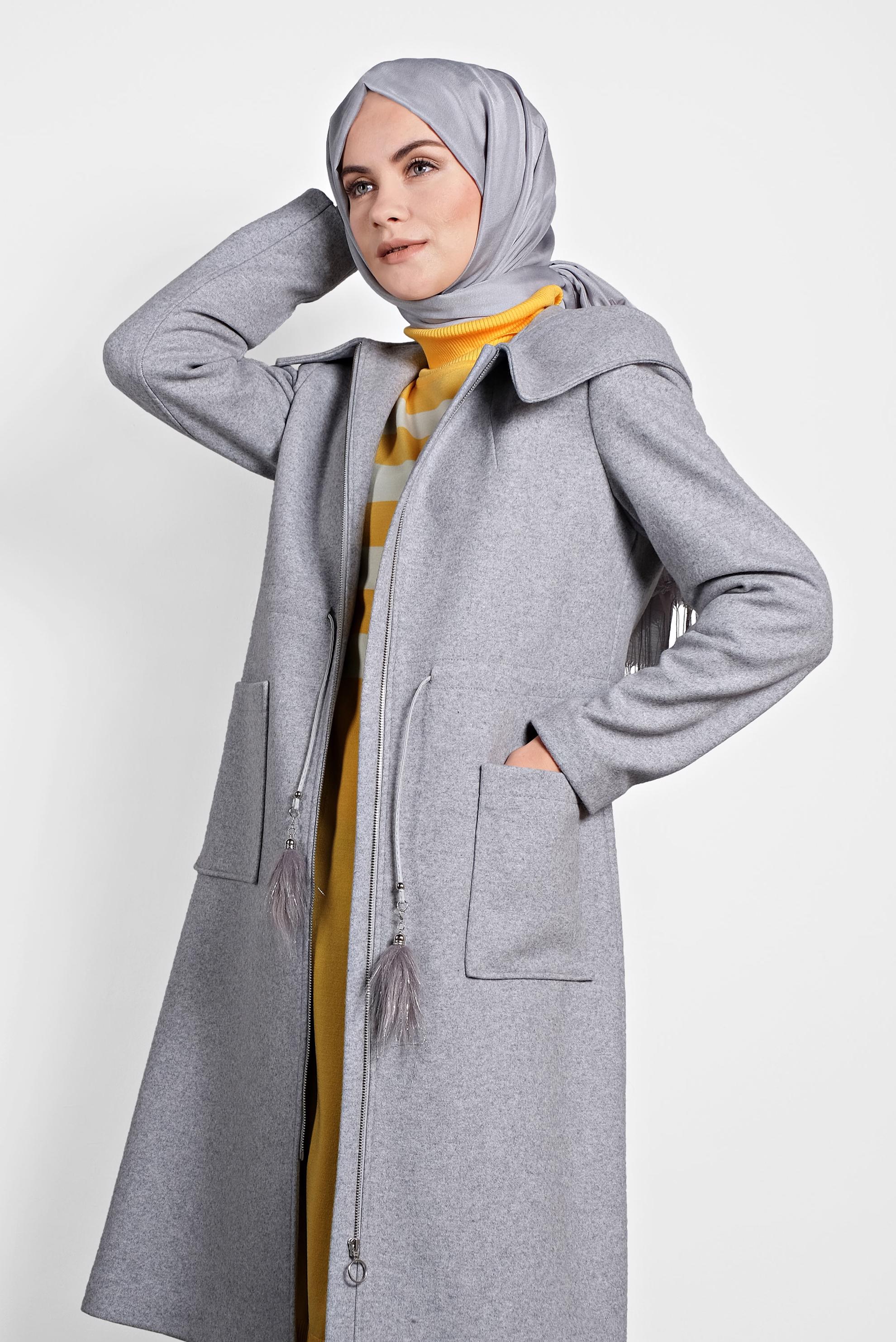 Tesettür giyim GRİ KAPÜŞONLU CEPLİ KABAN 90015 