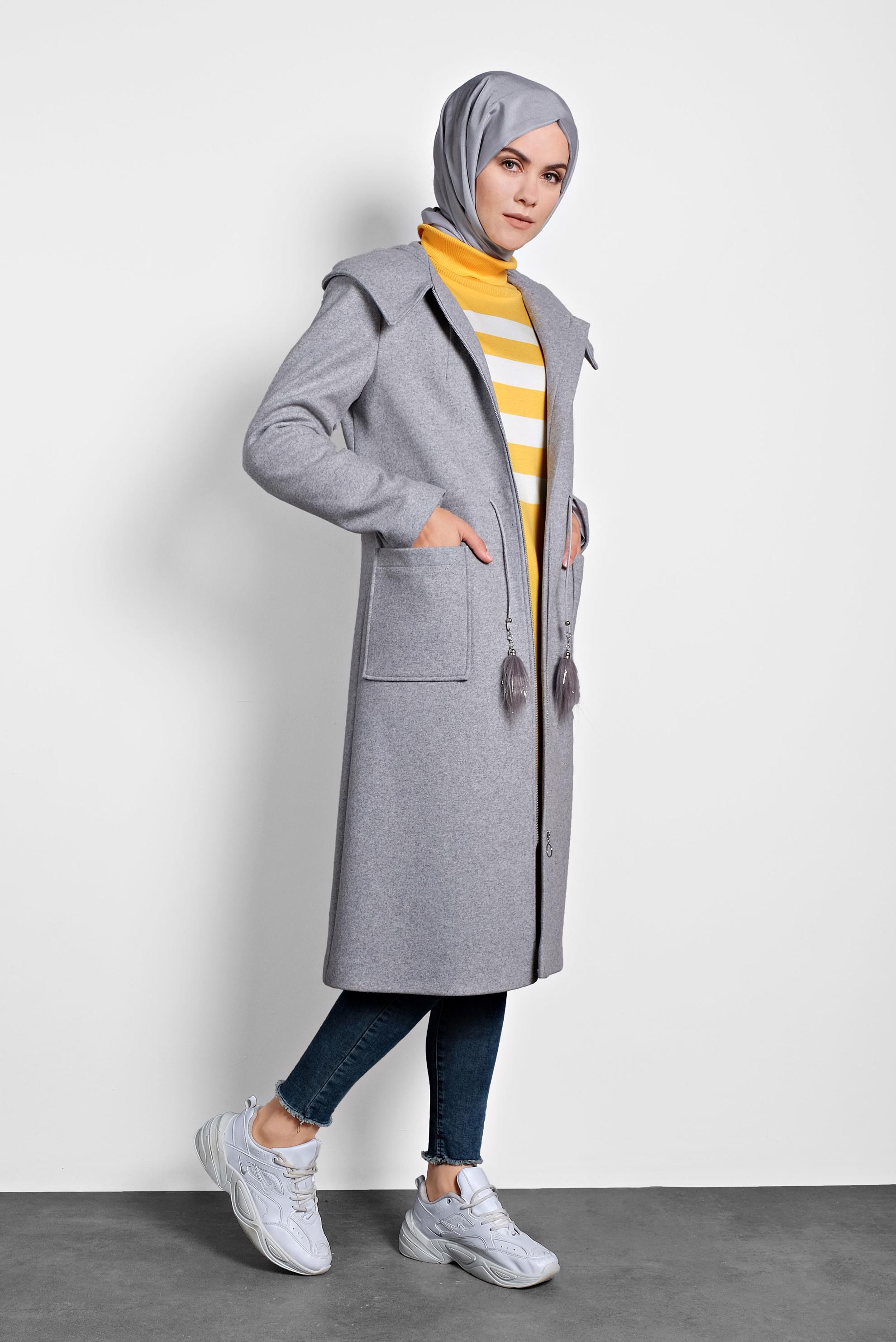 Tesettür giyim GRİ KAPÜŞONLU CEPLİ KABAN 90015 