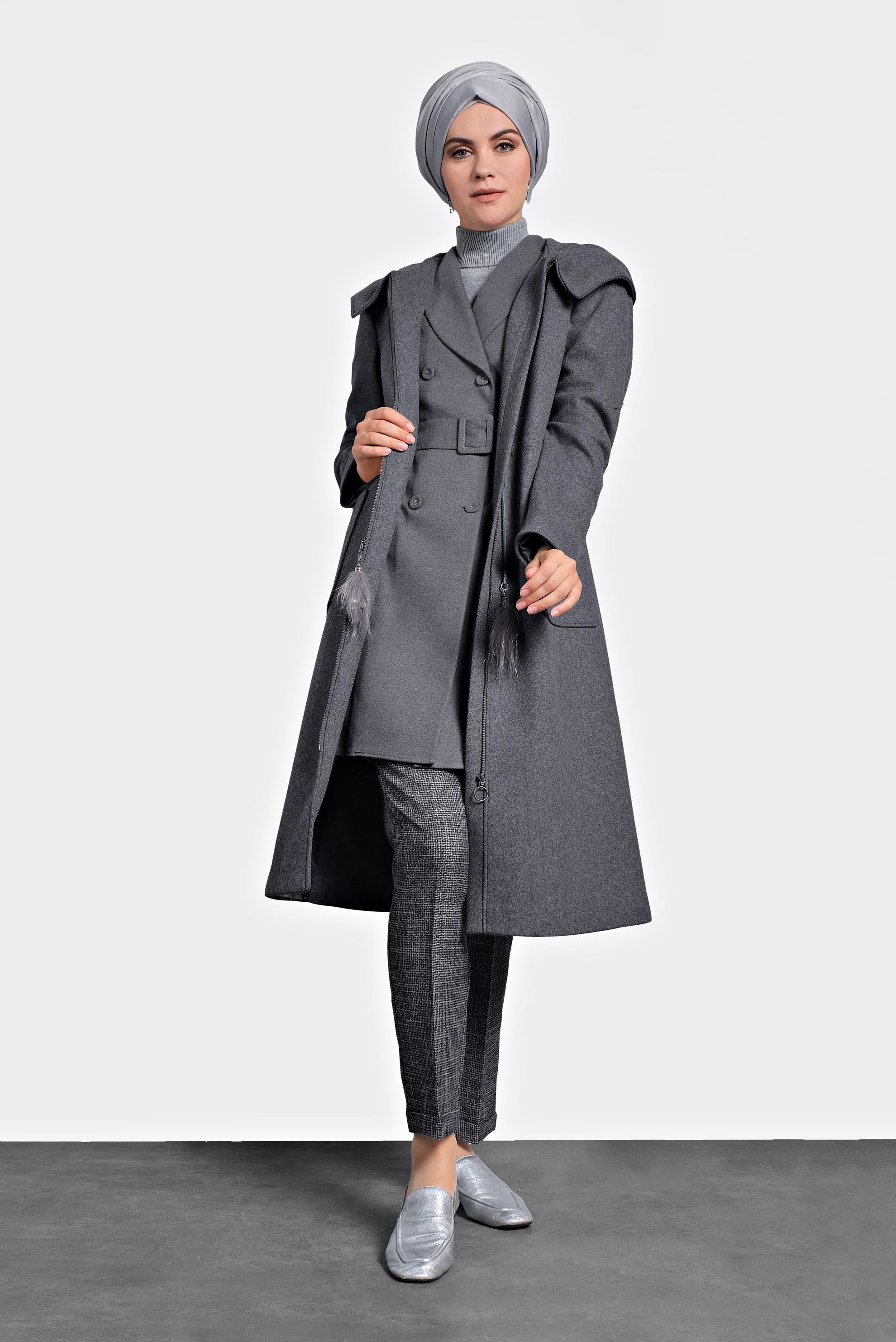 Tesettür giyim GRİ KAPÜŞONLU CEPLİ KABAN 90015 