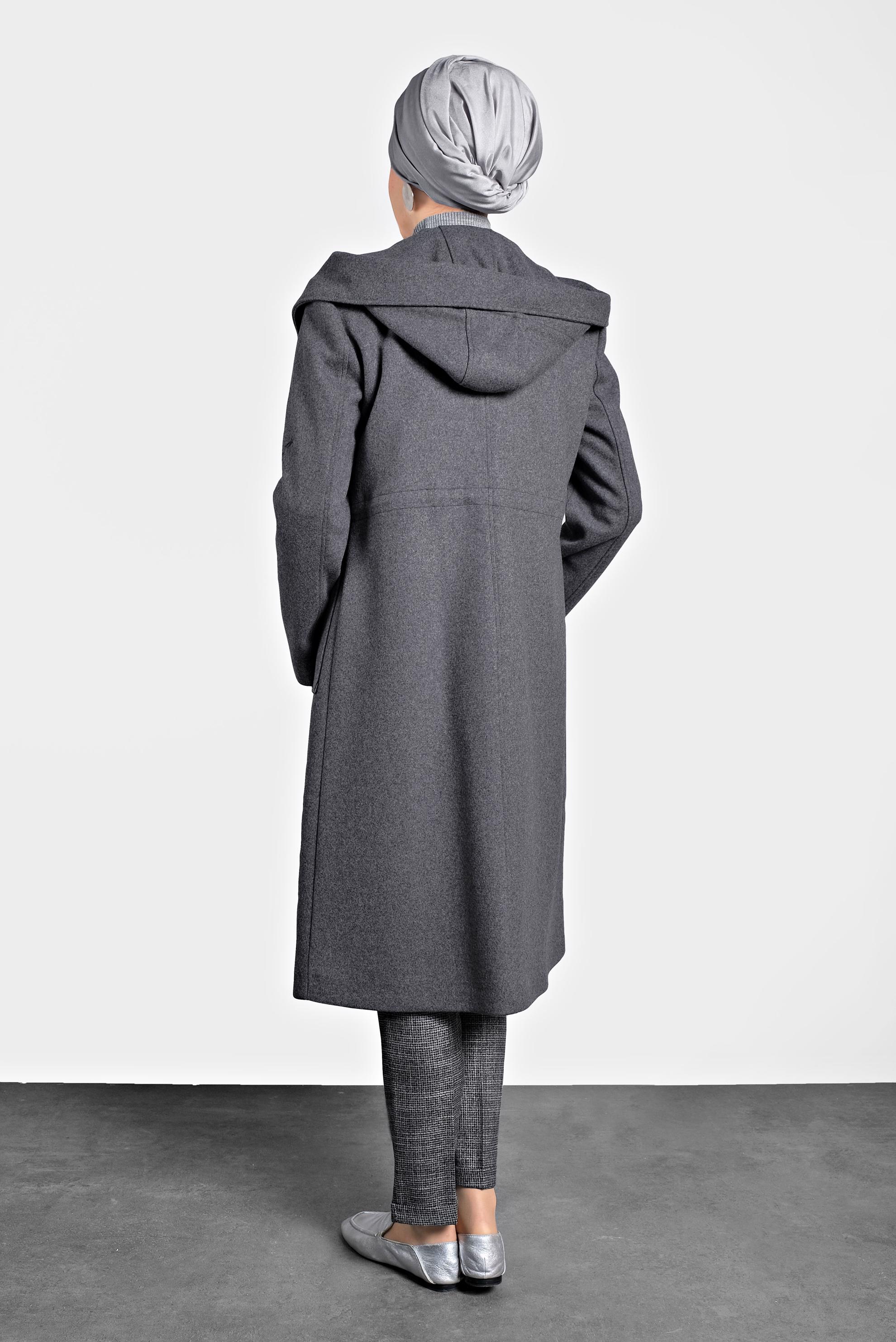 Tesettür giyim GRİ KAPÜŞONLU CEPLİ KABAN 90015 