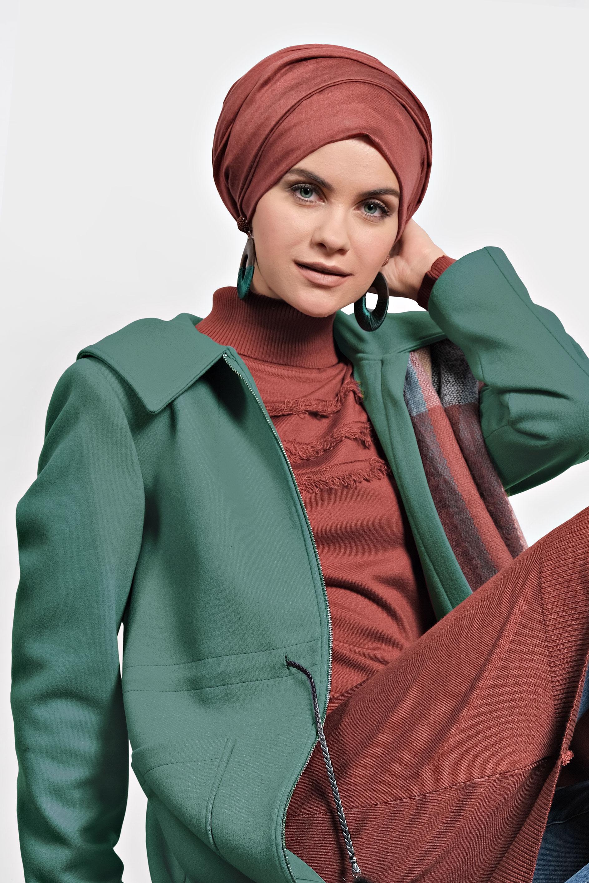 Hijab clothing GREEN HOODED COAT WITH POCKETS 90015