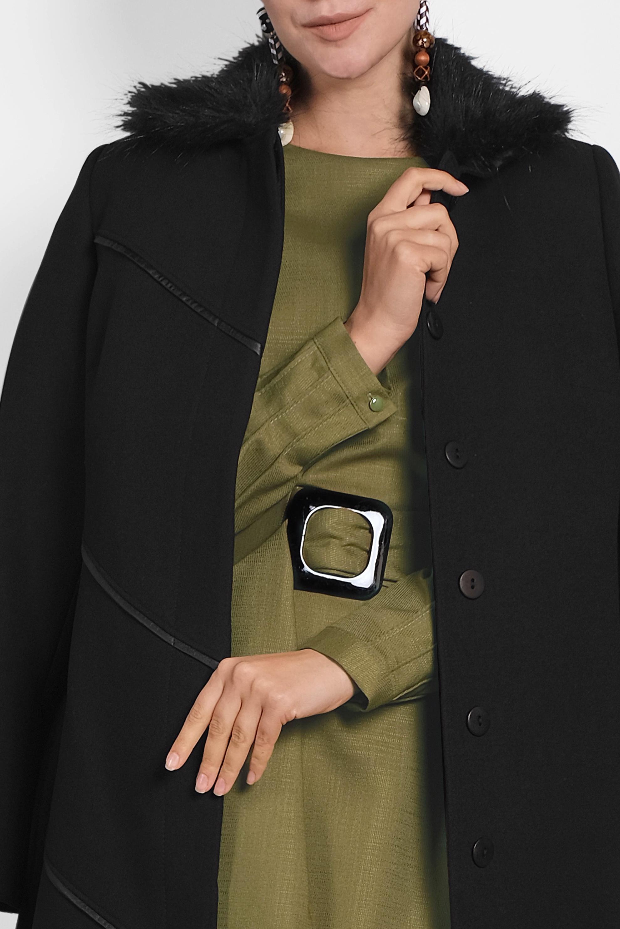 Tesettür giyim SİYAH YAKASI KÜRKLÜ KUŞAKLI KABAN 90016 