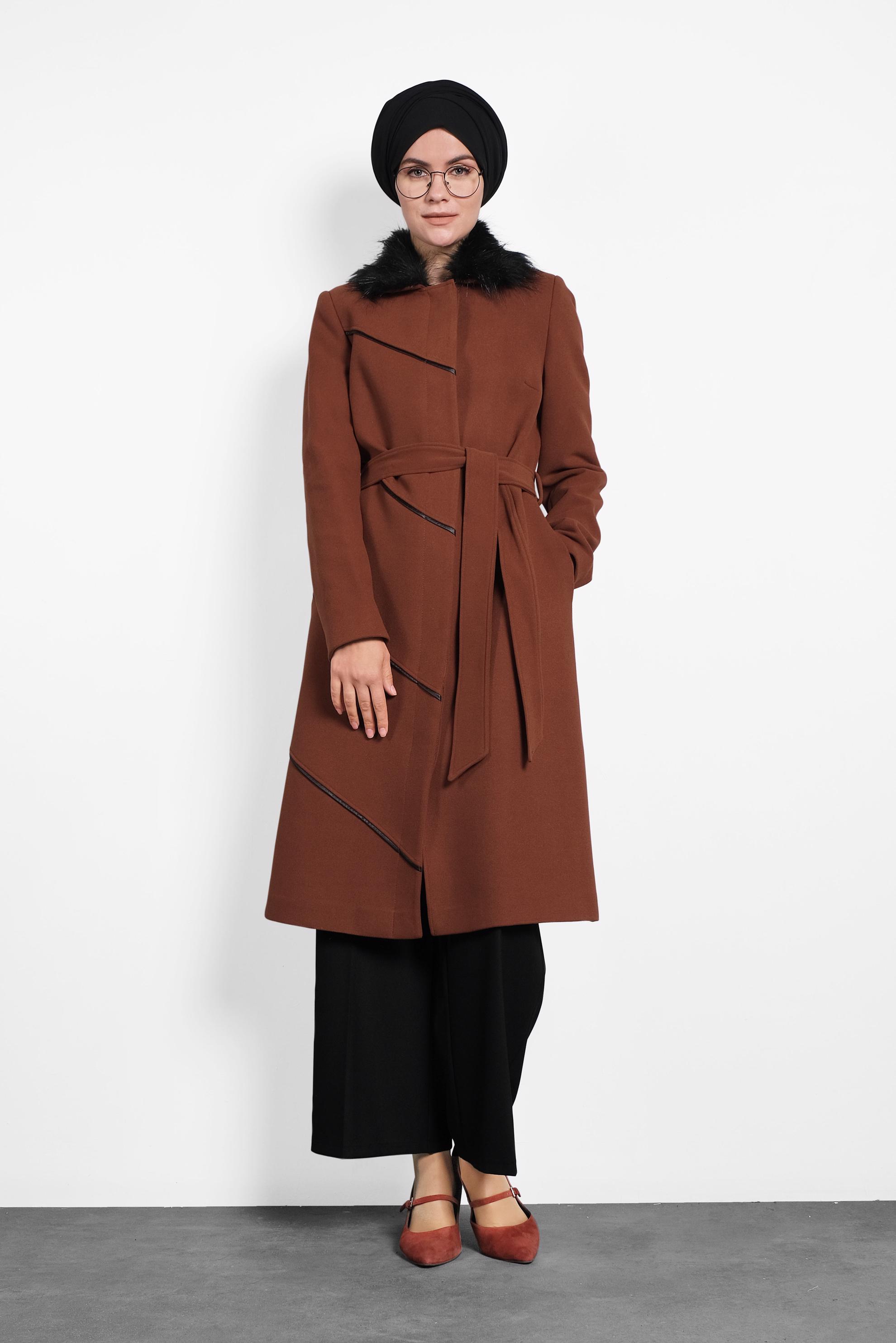 Hijab clothing ORANGE FAUX-FUR COLLAR BELTED COAT 90016