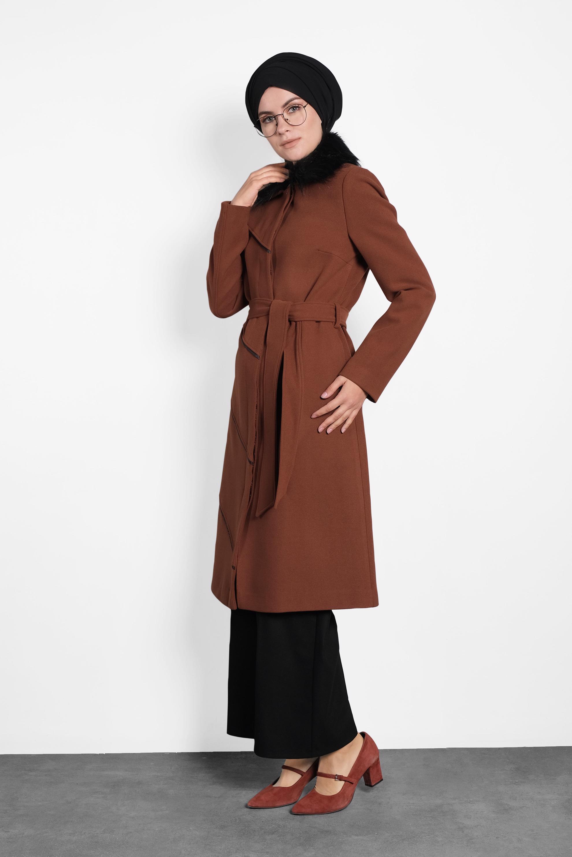 Hijab clothing ORANGE FAUX-FUR COLLAR BELTED COAT 90016