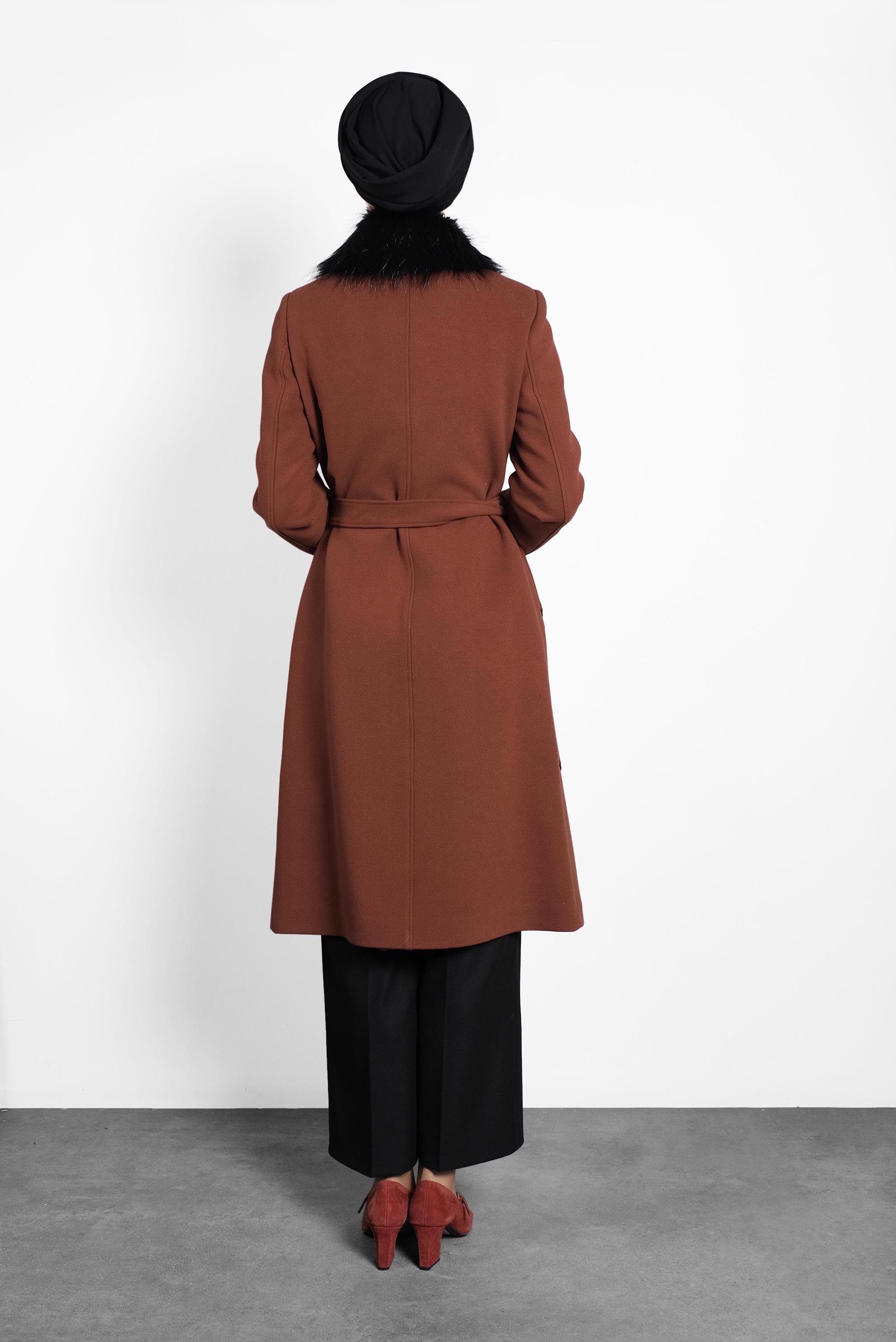 Hijab clothing ORANGE FAUX-FUR COLLAR BELTED COAT 90016