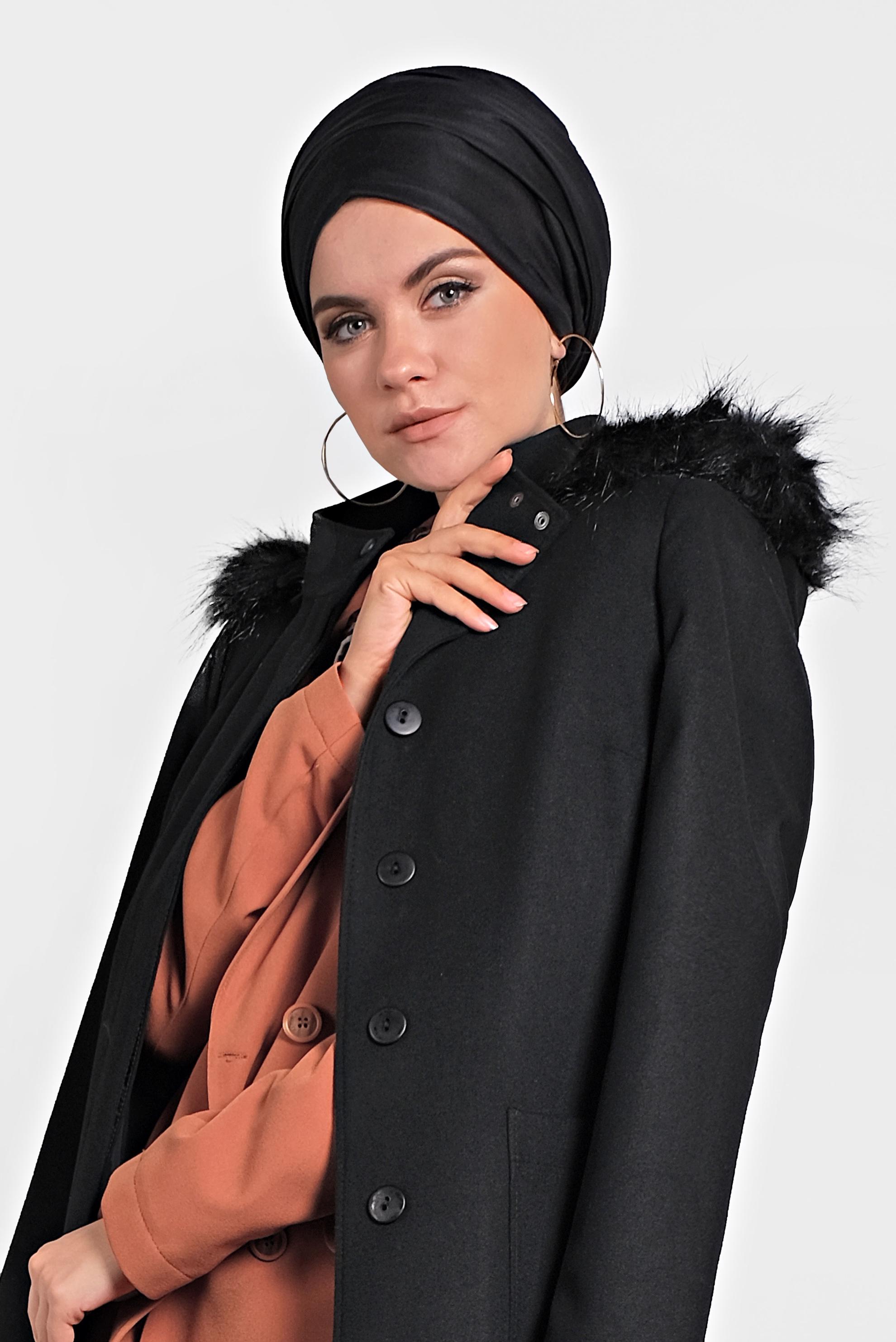Tesettür giyim SİYAH KAPÜŞONLU KUŞAKLI KABAN 90021 