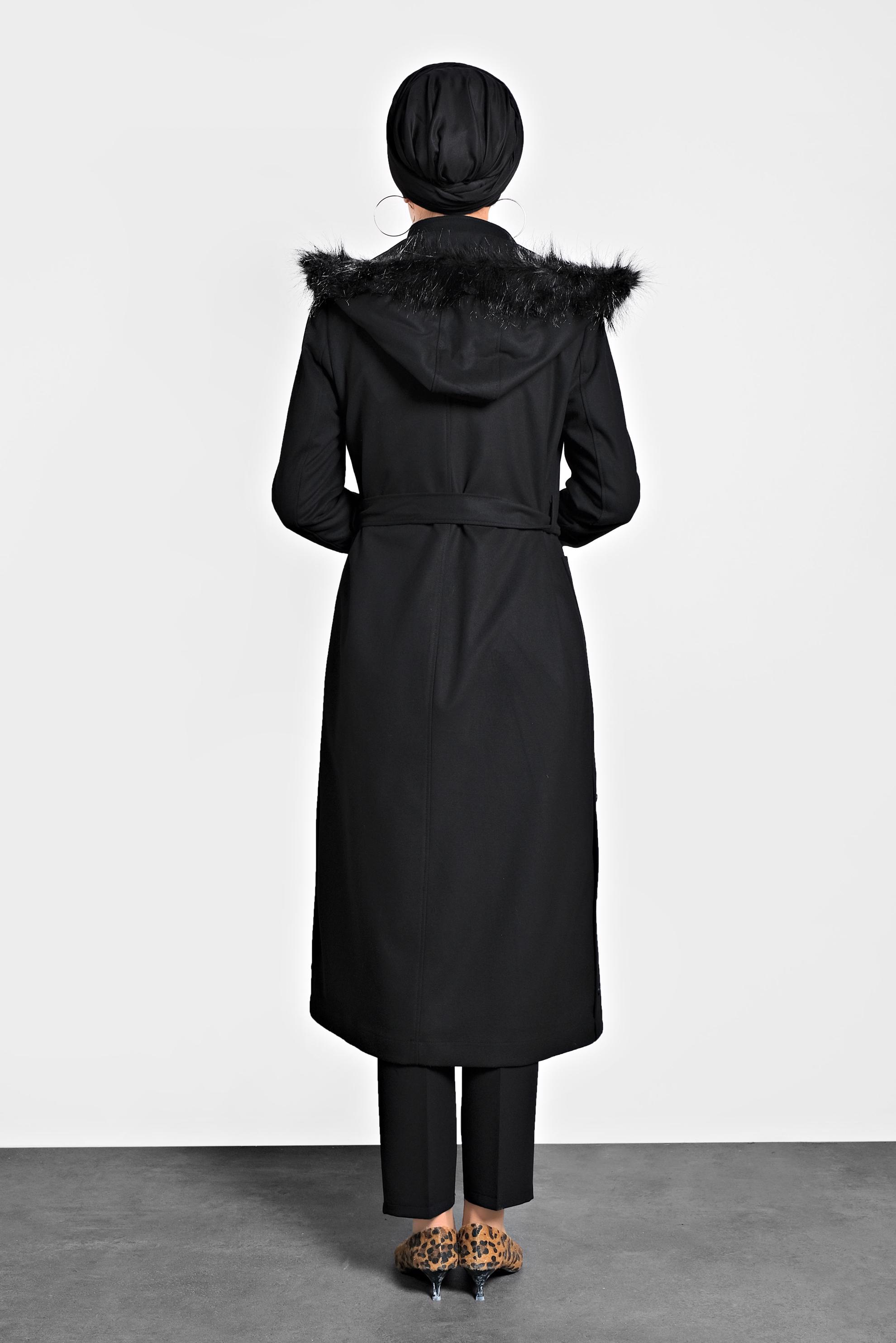 Tesettür giyim SİYAH KAPÜŞONLU KUŞAKLI KABAN 90021 