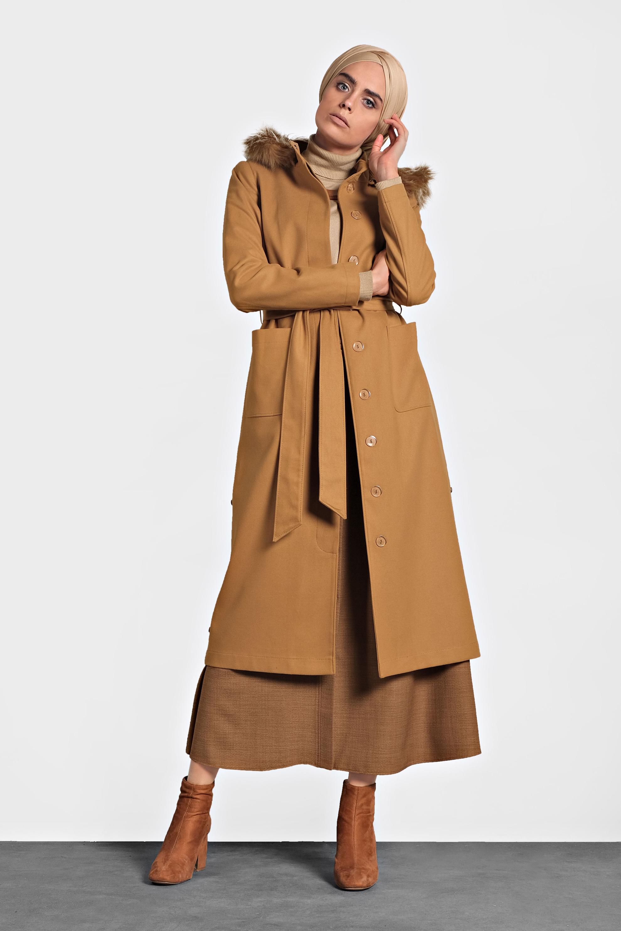 Hijab clothing YELLOW HOODED BELTED COAT 90021