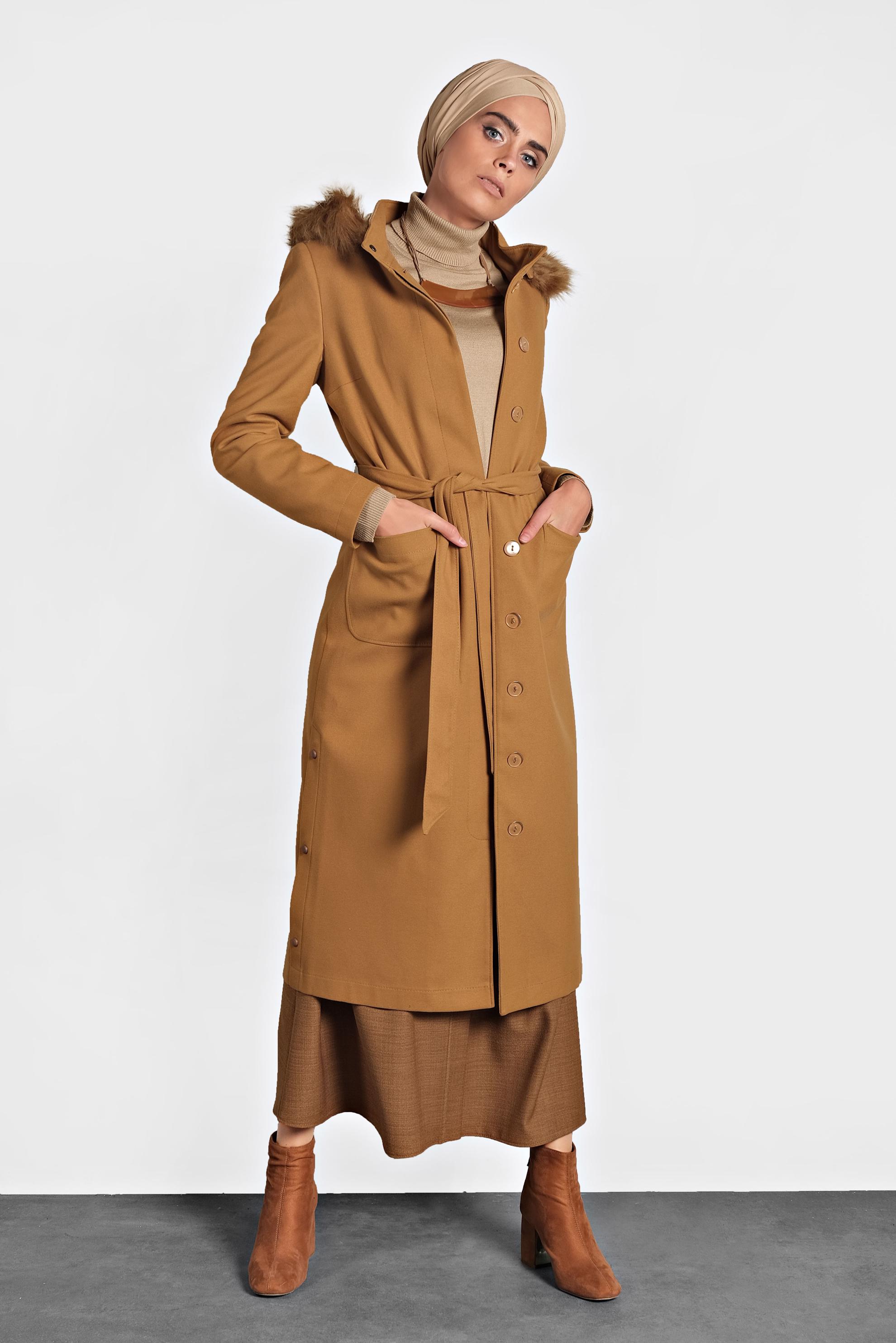 Hijab clothing YELLOW HOODED BELTED COAT 90021