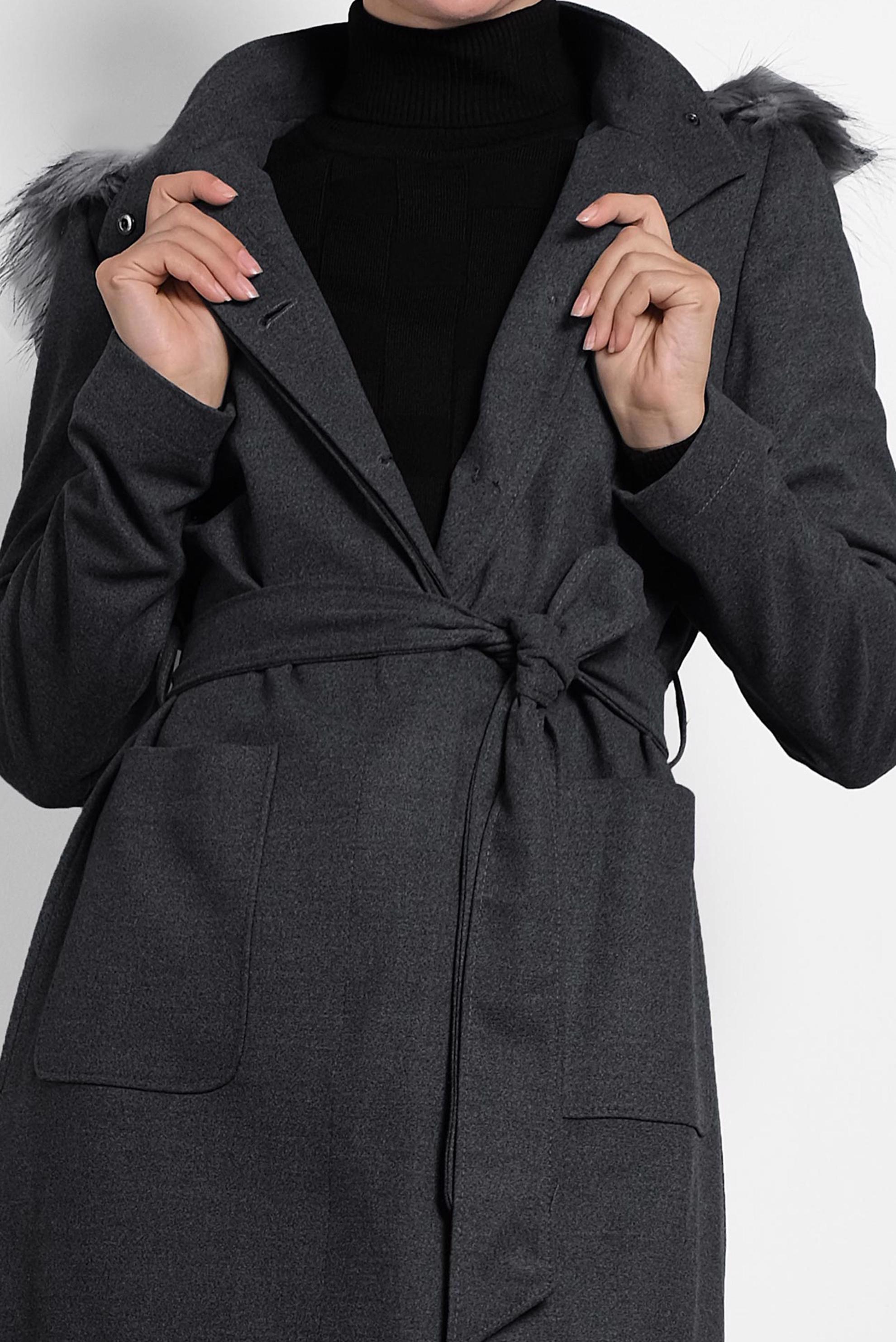 Tesettür giyim GRİ KAPÜŞONLU KUŞAKLI KABAN 90021 