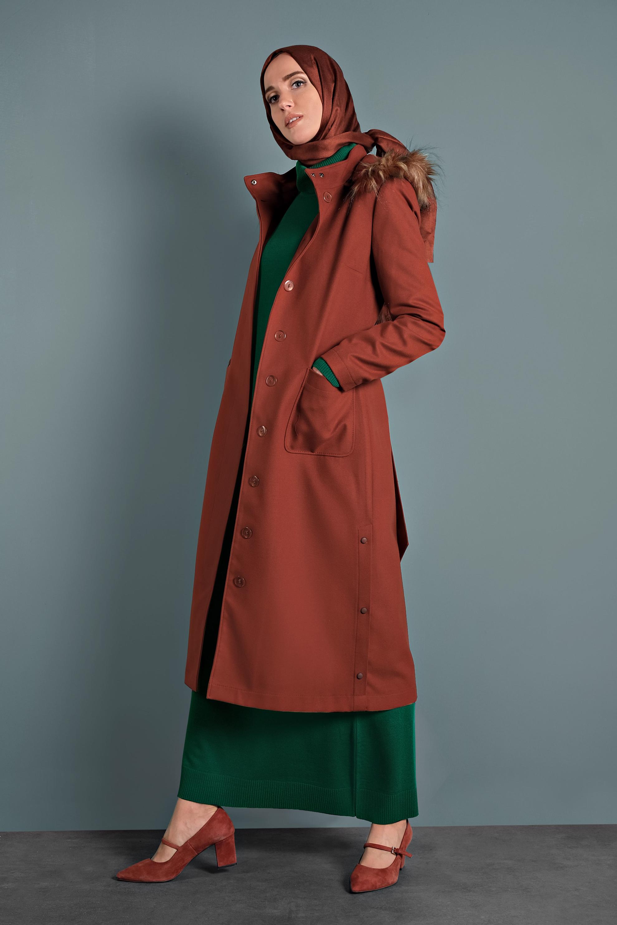 Hijab clothing ORANGE HOODED BELTED COAT 90021