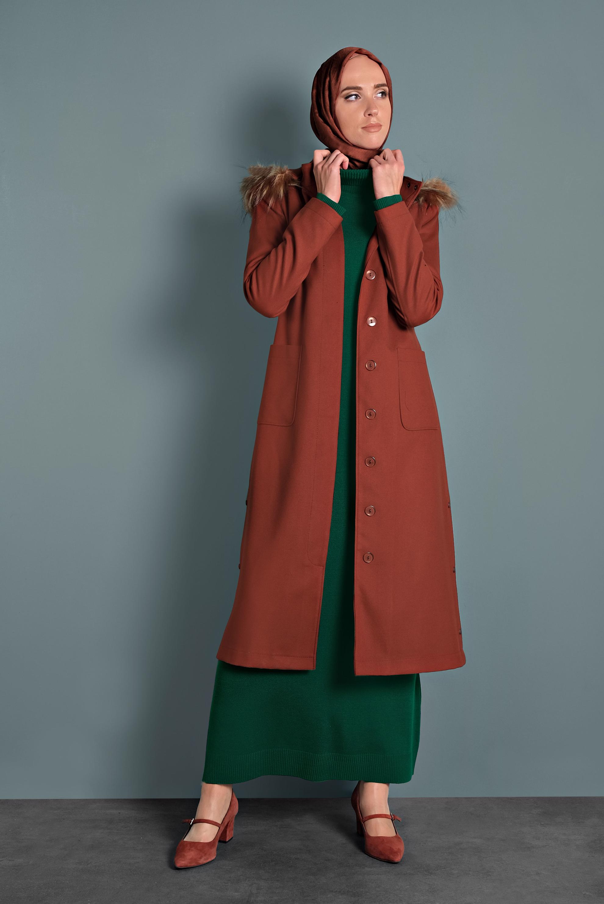 Hijab clothing ORANGE HOODED BELTED COAT 90021