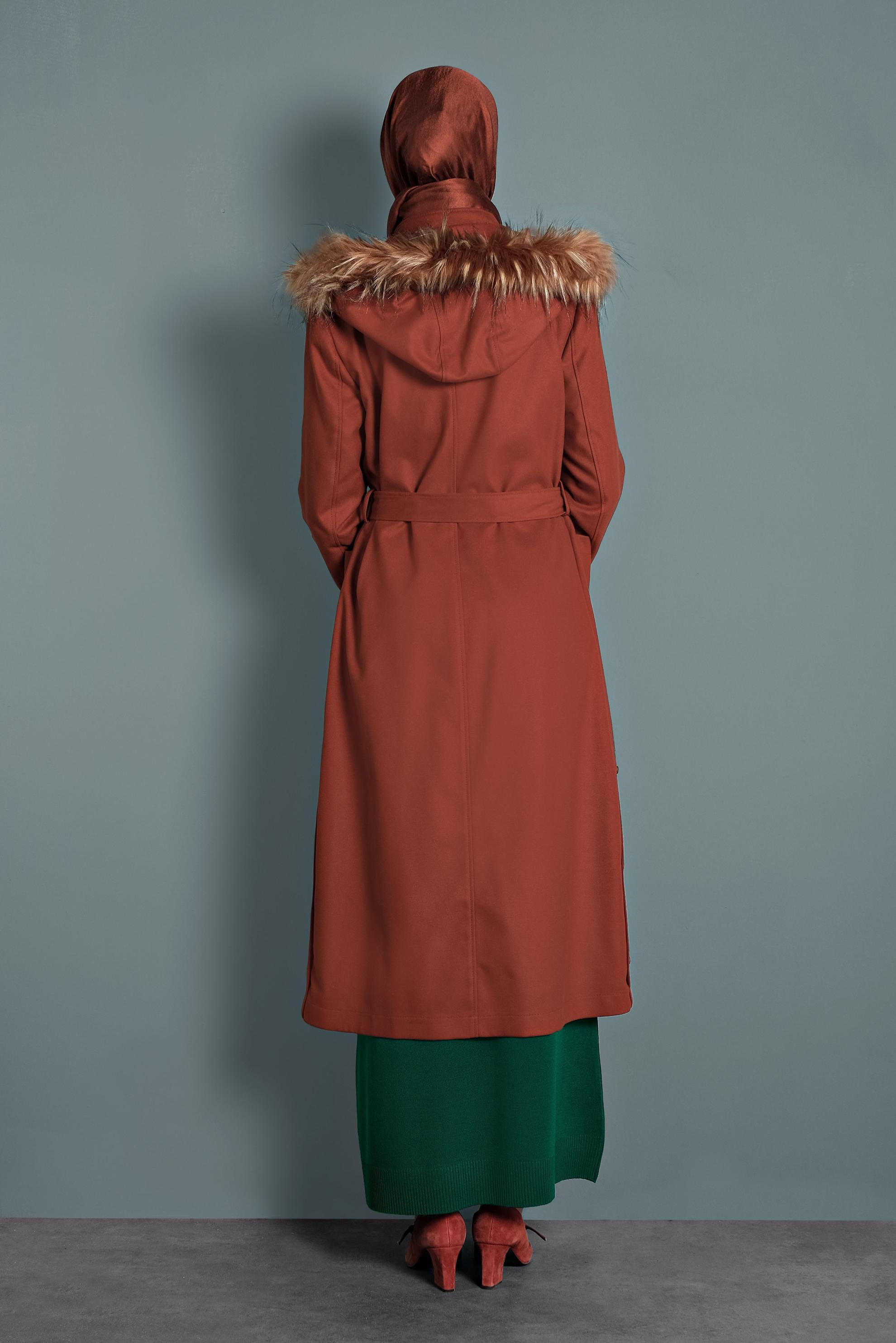 Hijab clothing ORANGE HOODED BELTED COAT 90021