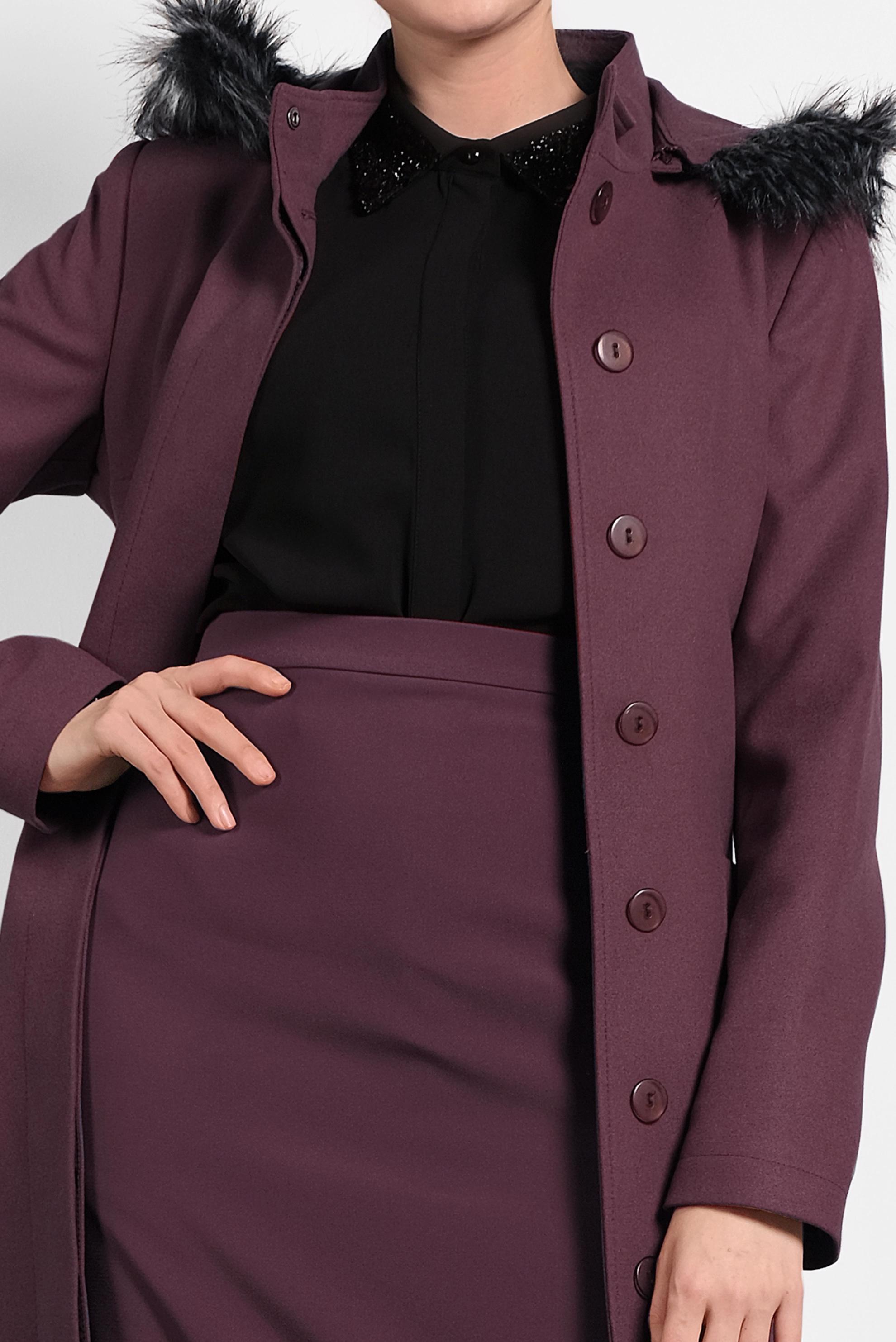 Tesettür giyim BORDO KAPÜŞONLU KUŞAKLI KABAN 90021 