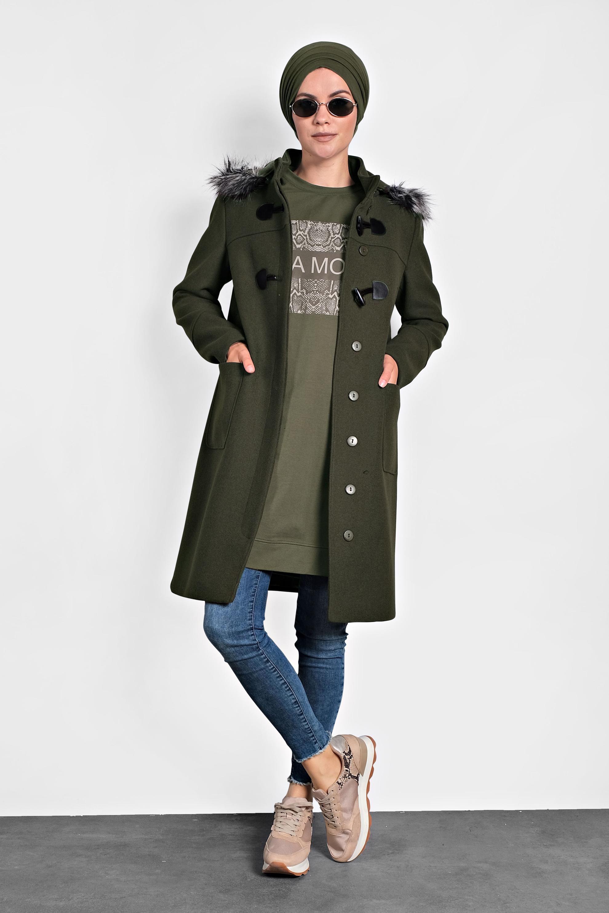 Hijab clothing KHAKI FAUX-FUR-TRIM HOODED COAT 90022