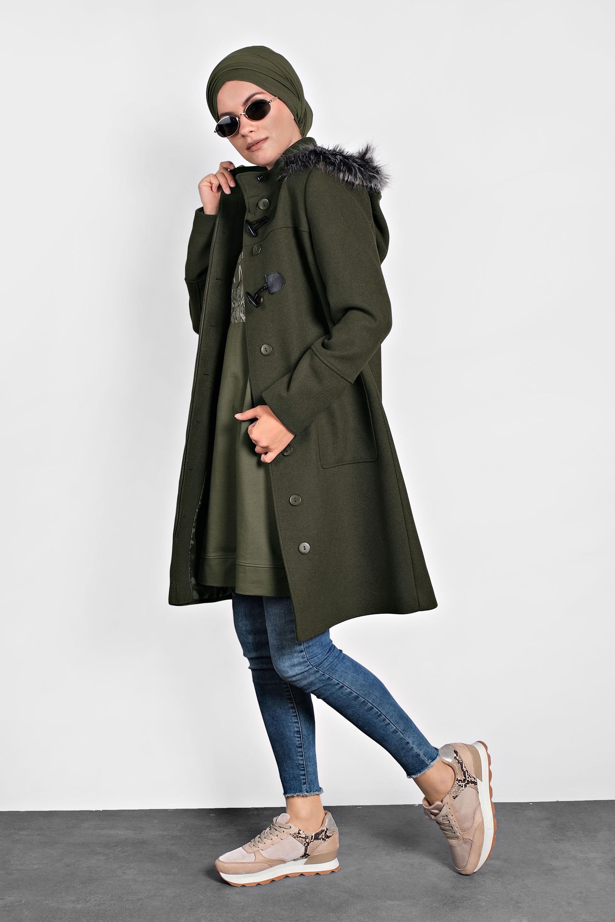 Hijab clothing KHAKI FAUX-FUR-TRIM HOODED COAT 90022