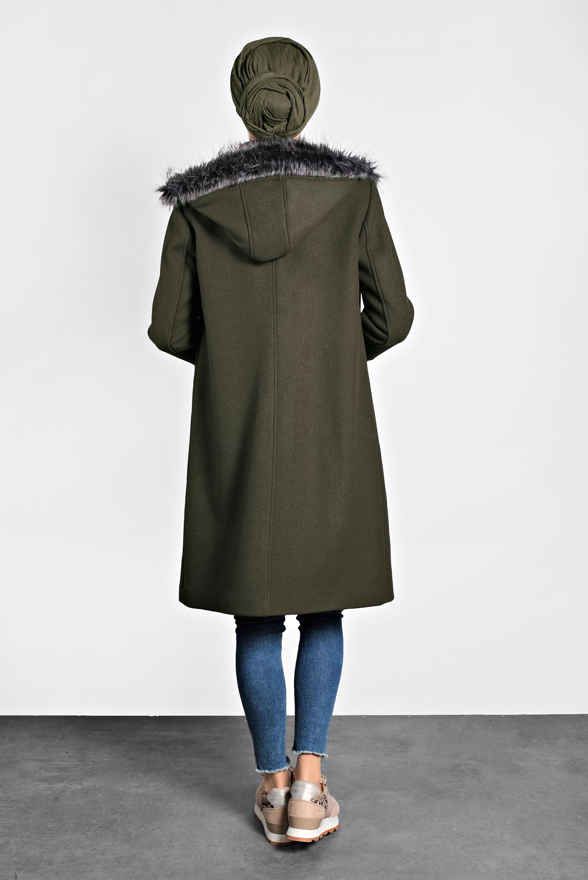 Hijab clothing KHAKI FAUX-FUR-TRIM HOODED COAT 90022