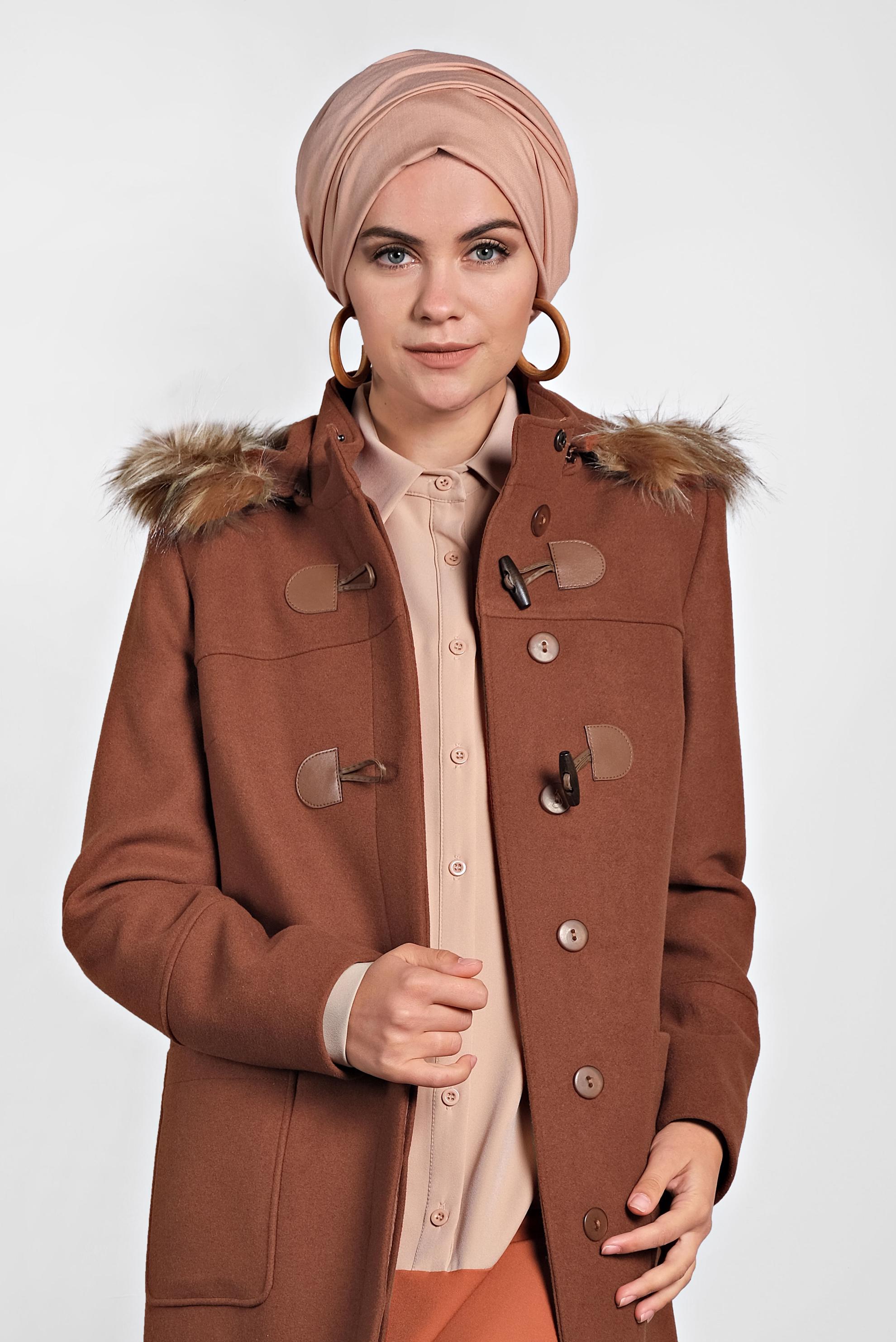 Hijab clothing ORANGE FAUX-FUR-TRIM HOODED COAT 90022