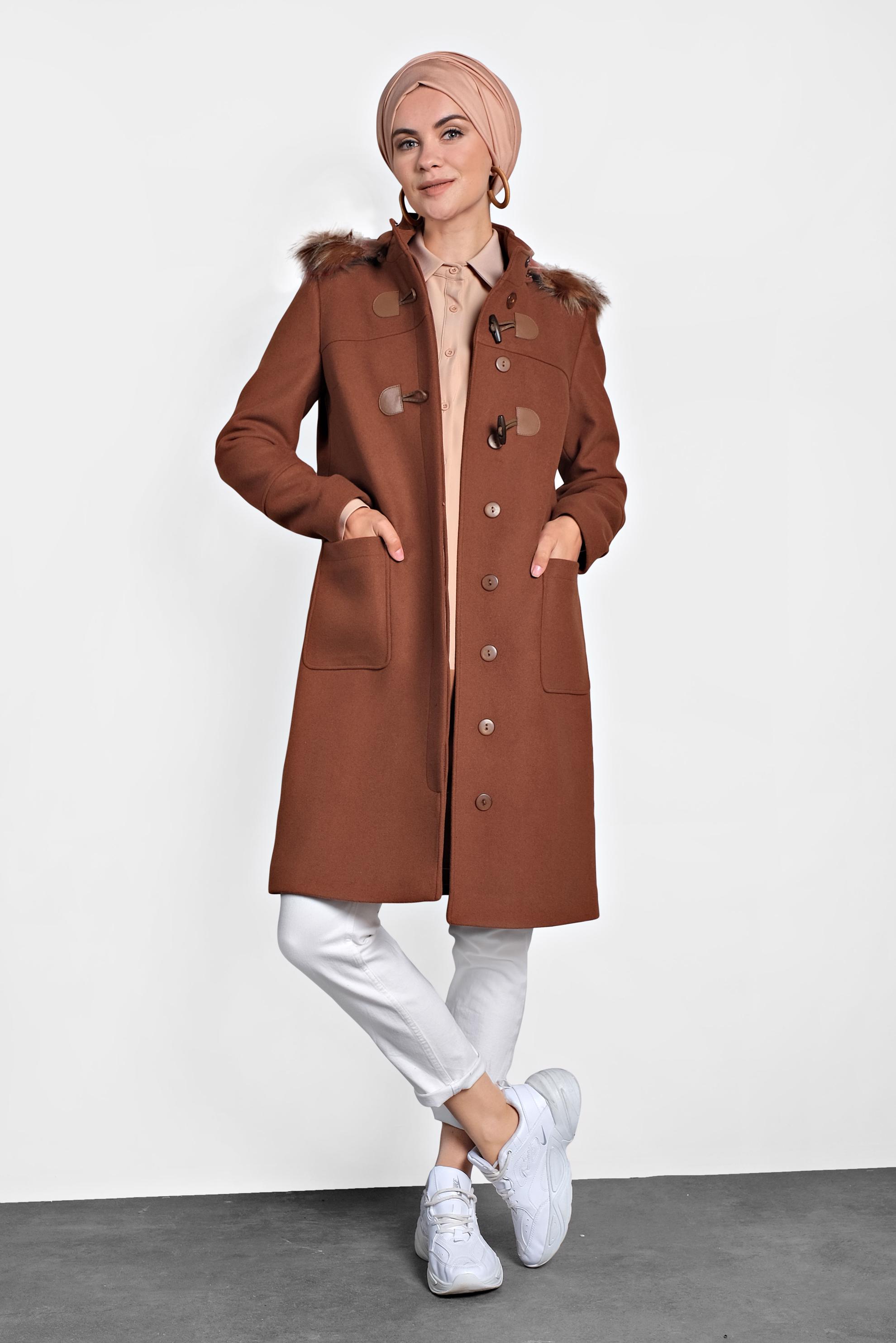 Hijab clothing ORANGE FAUX-FUR-TRIM HOODED COAT 90022