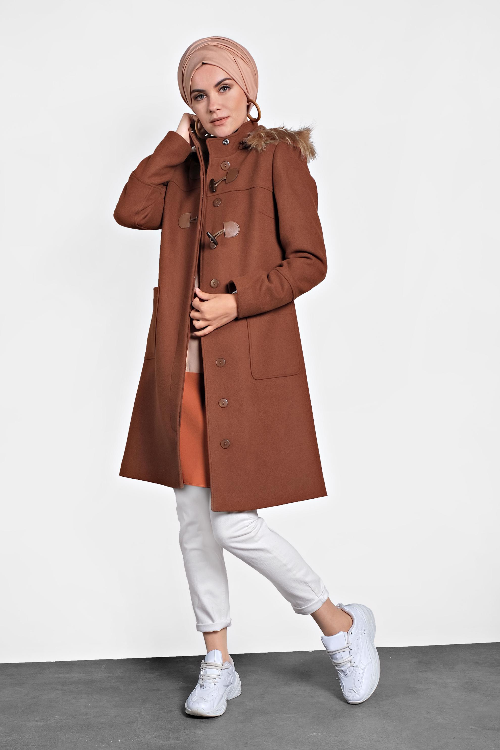 Hijab clothing ORANGE FAUX-FUR-TRIM HOODED COAT 90022