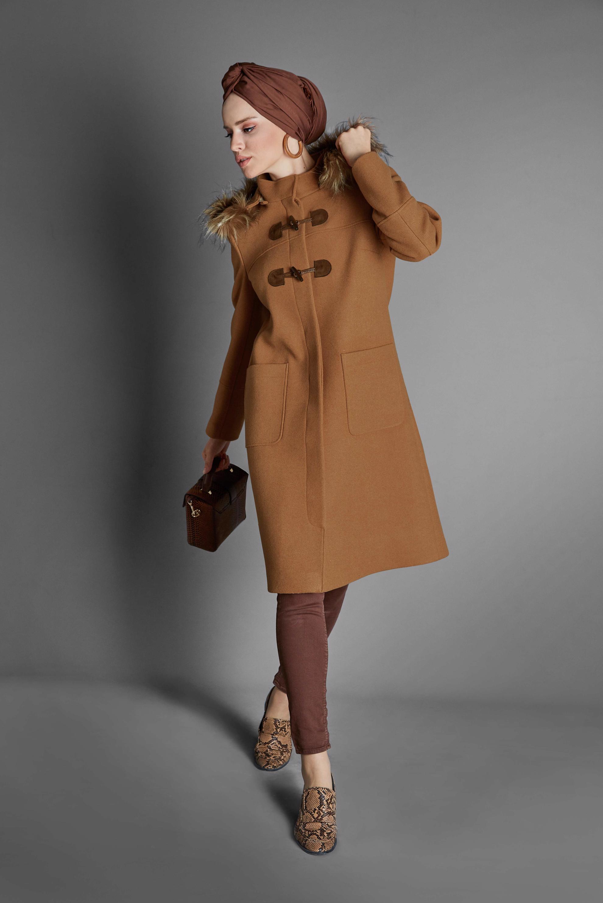 Tesettür giyim TABA KAPÜŞONU KÜRKLÜ KABAN 90022 