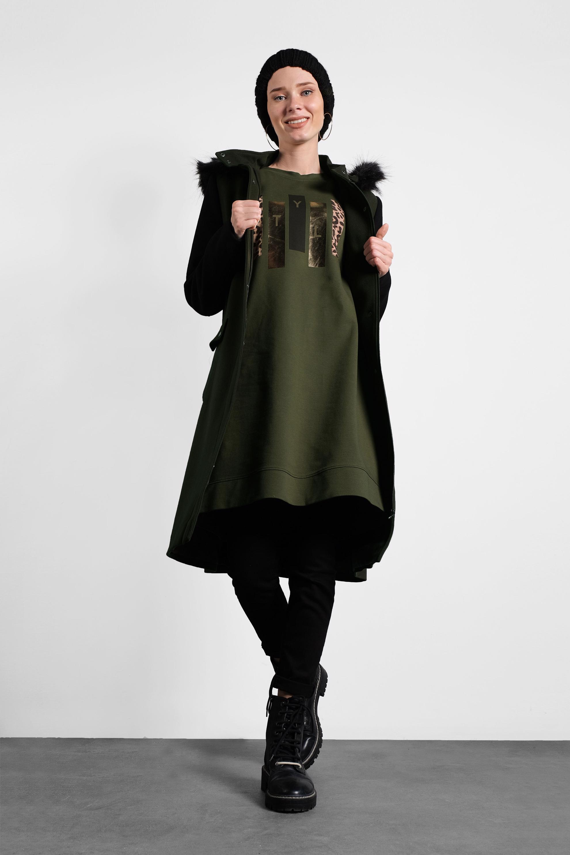 Tesettür giyim HAKİ KAPÜŞONLU CEPLİ KABAN 90023