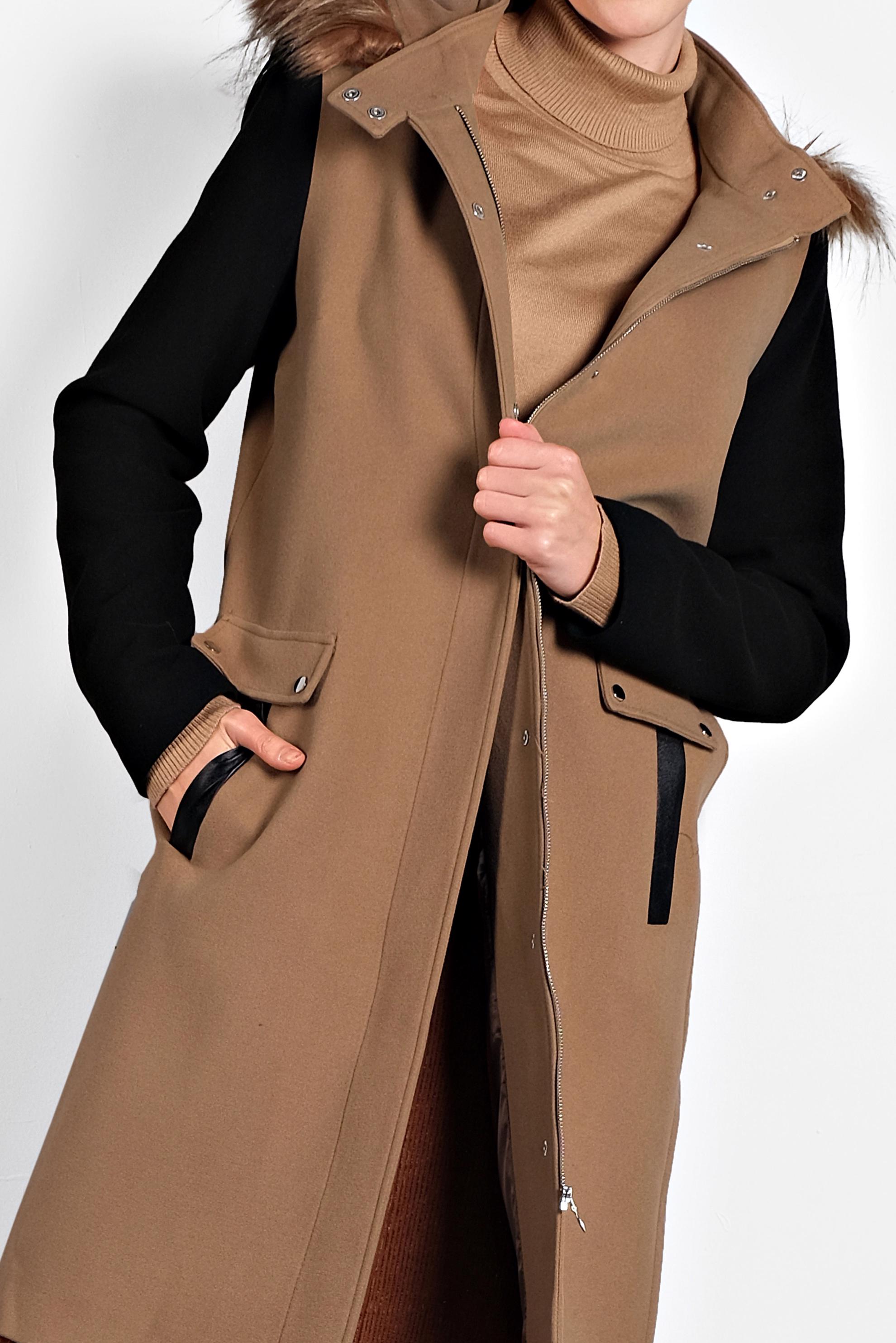 Tesettür giyim TABA KAPÜŞONLU CEPLİ KABAN 90023