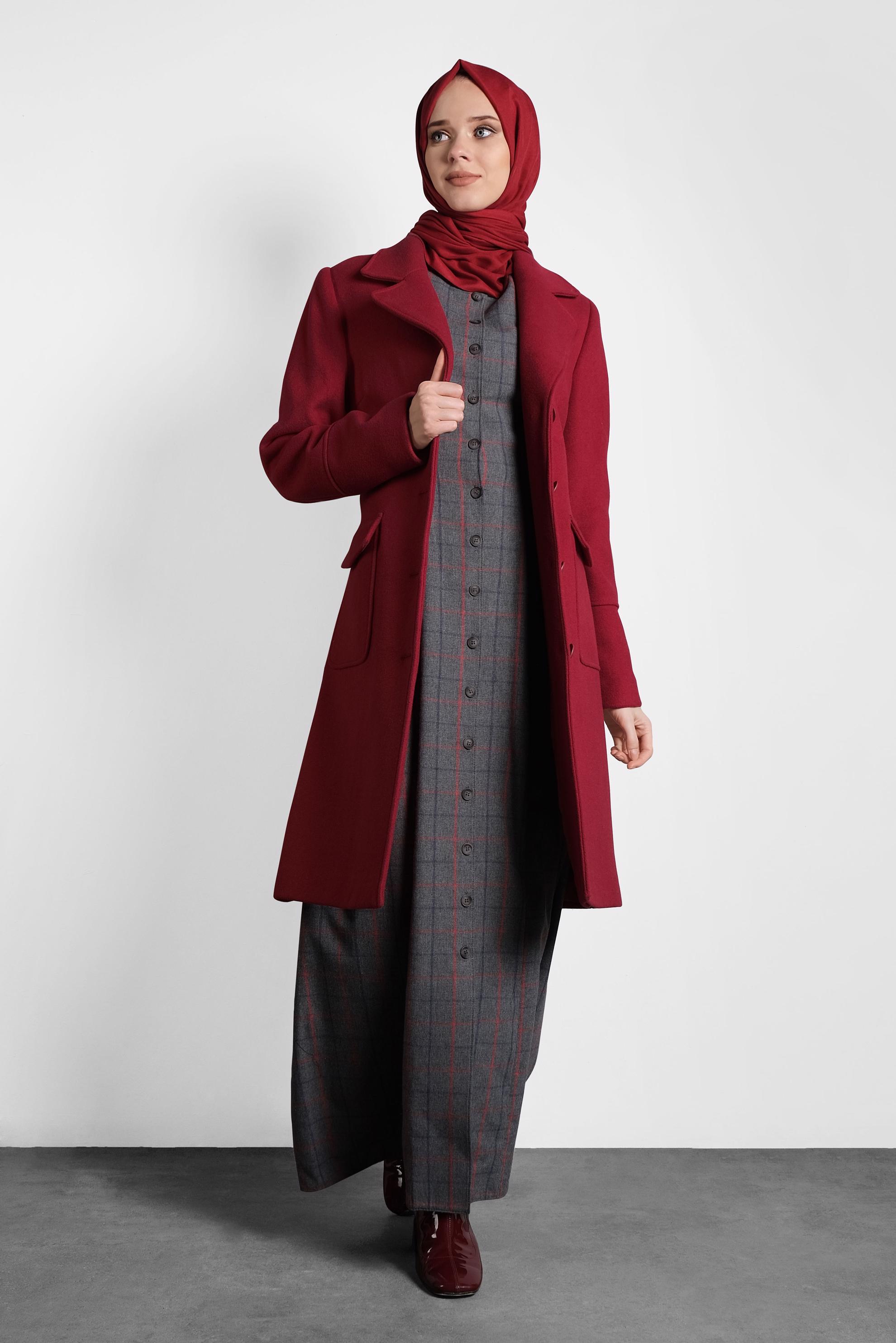 Tesettür giyim KIRMIZI KLASİK KABAN 90024 