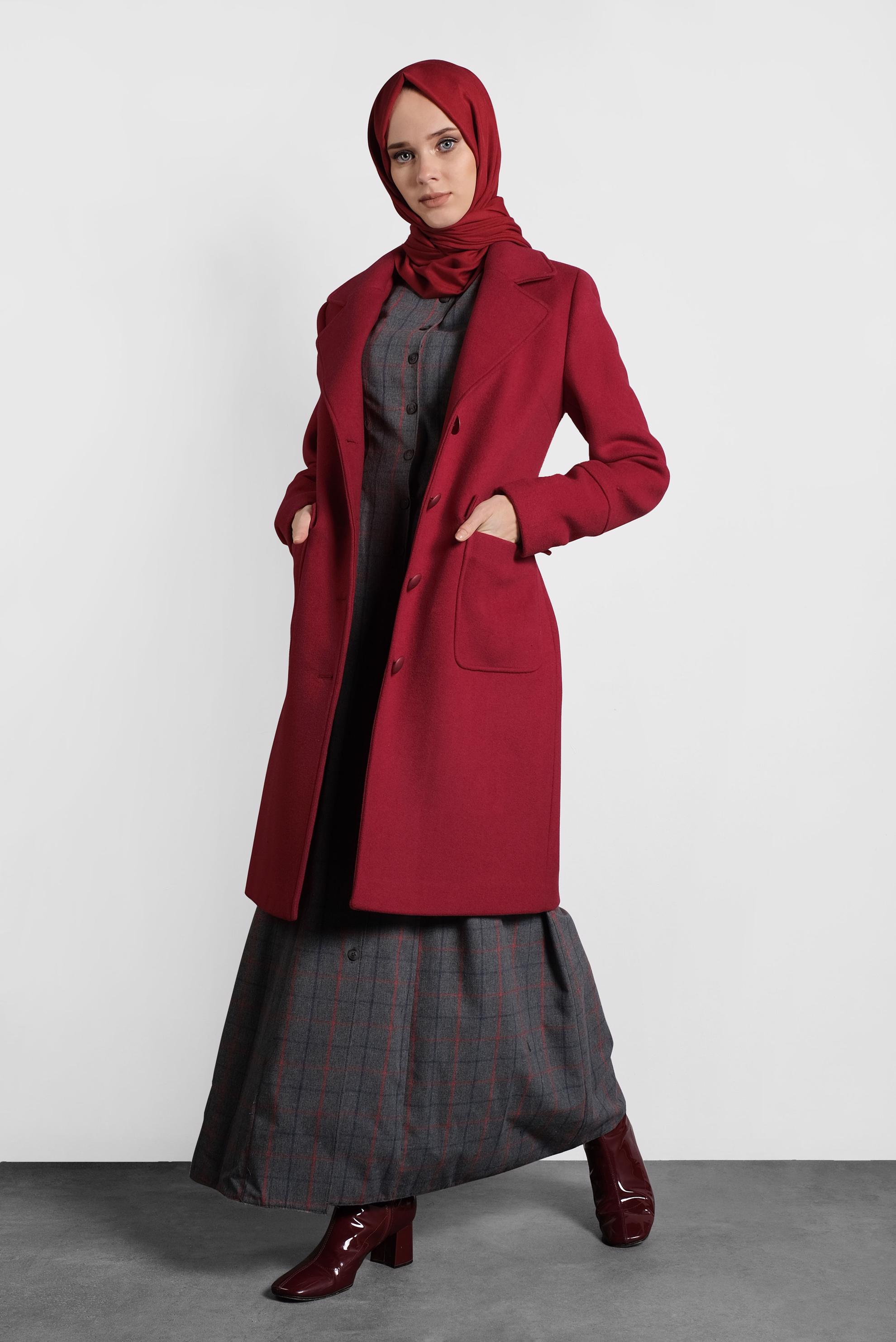 Tesettür giyim KIRMIZI KLASİK KABAN 90024 