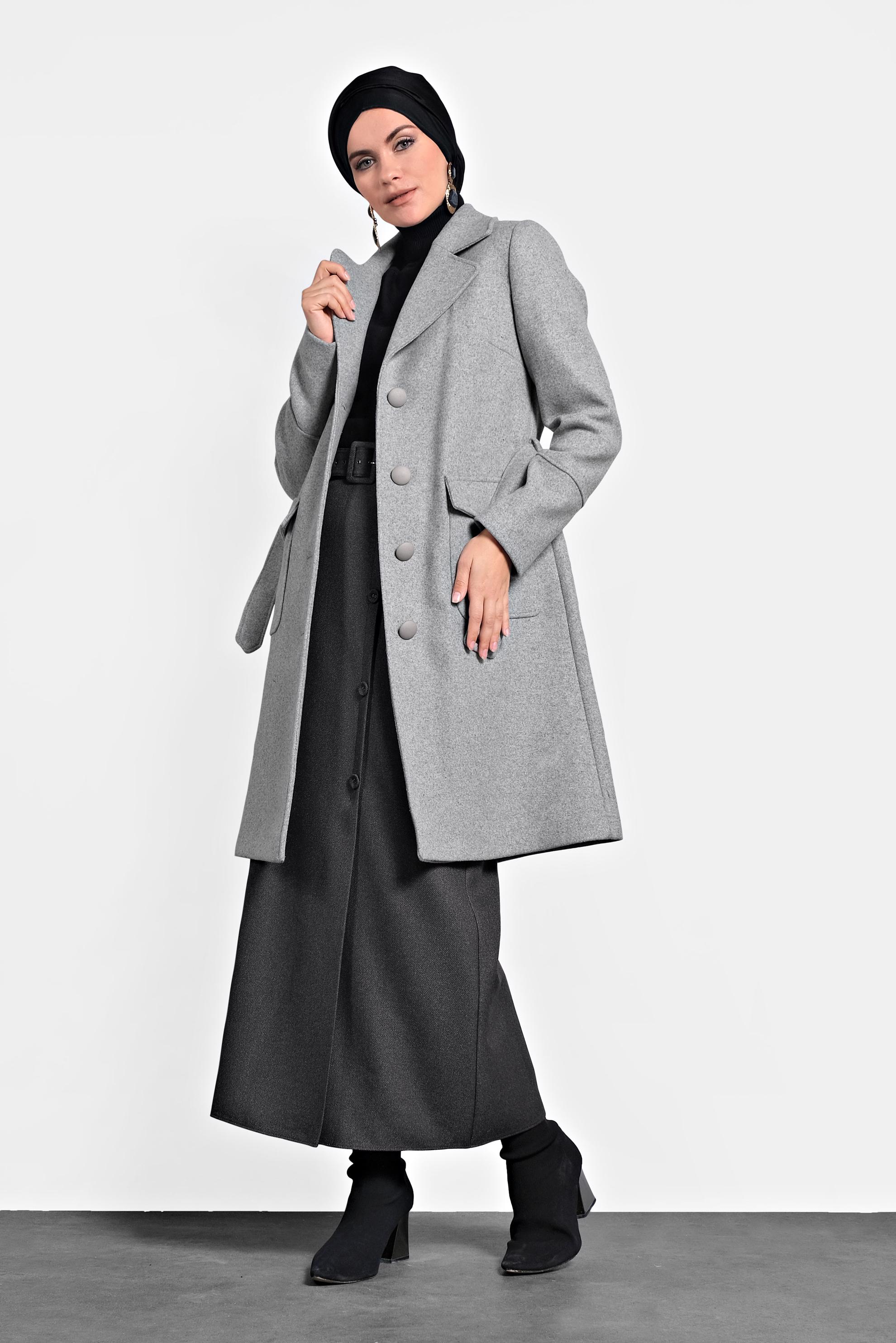 Tesettür giyim GRİ KLASİK KABAN 90024 