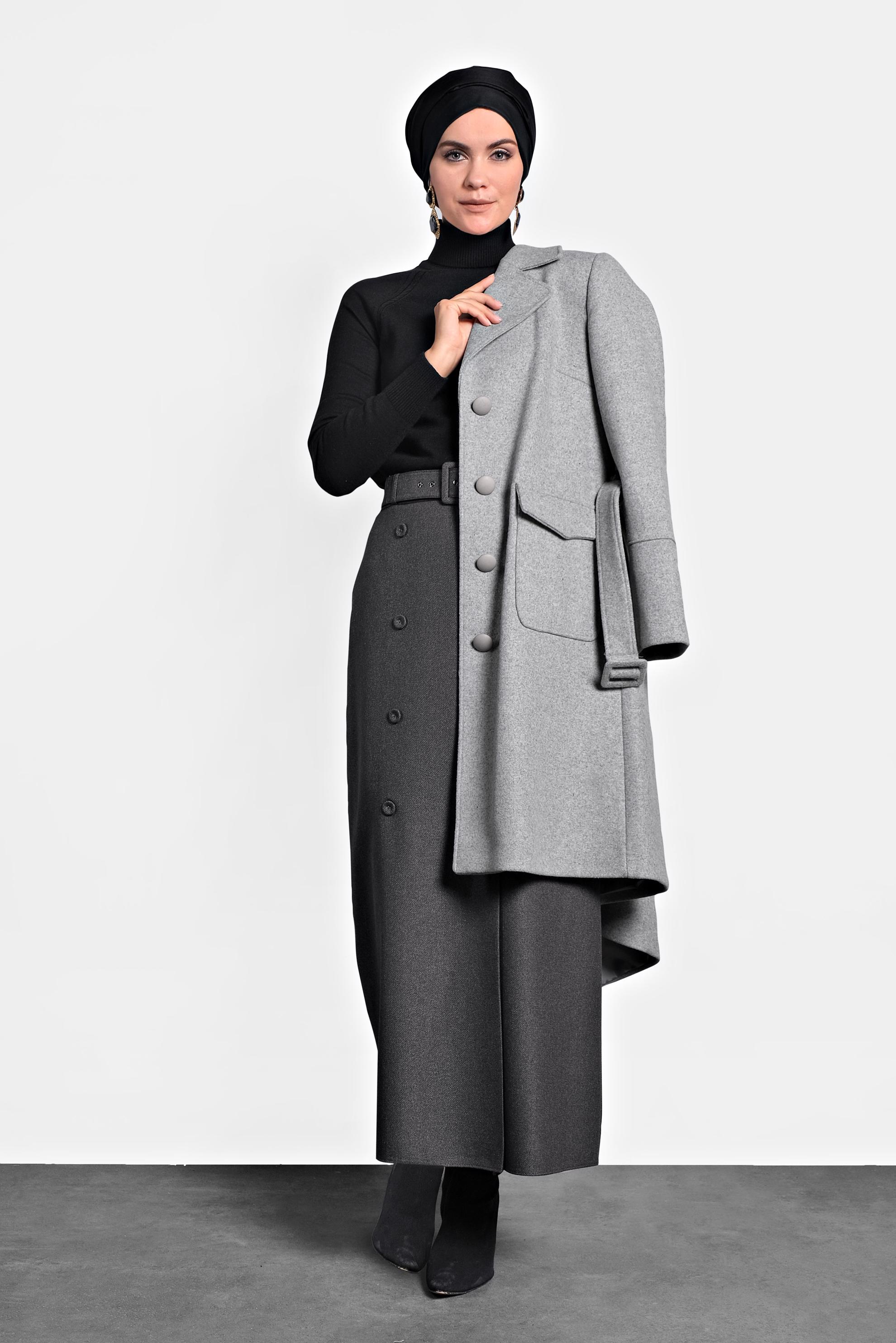 Tesettür giyim GRİ KLASİK KABAN 90024 