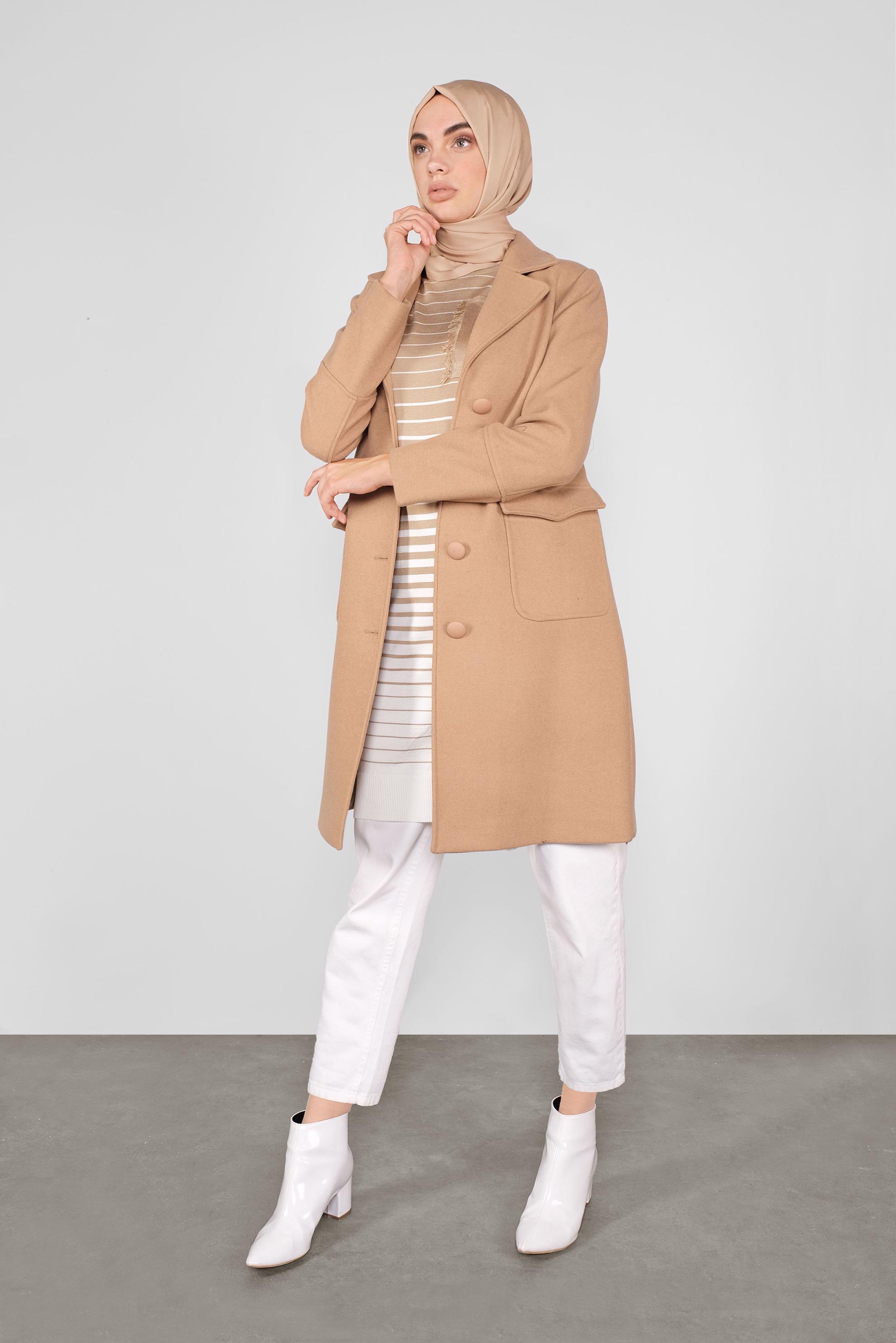 Tesettür giyim KAHVE KLASİK KABAN 90024 