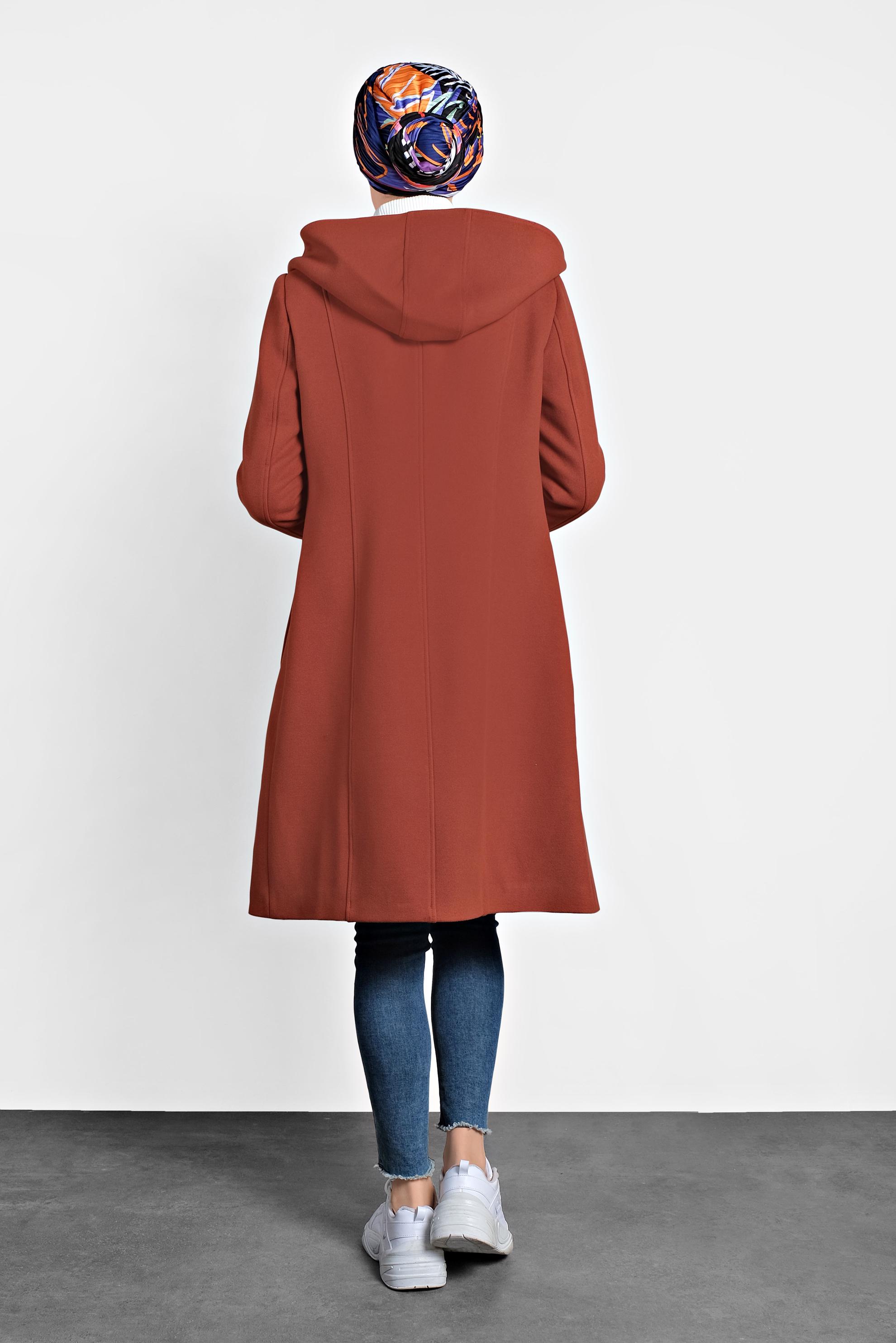 Tesettür giyim TURUNCU DÜĞMELİ KAPÜŞONLU KABAN 90025 