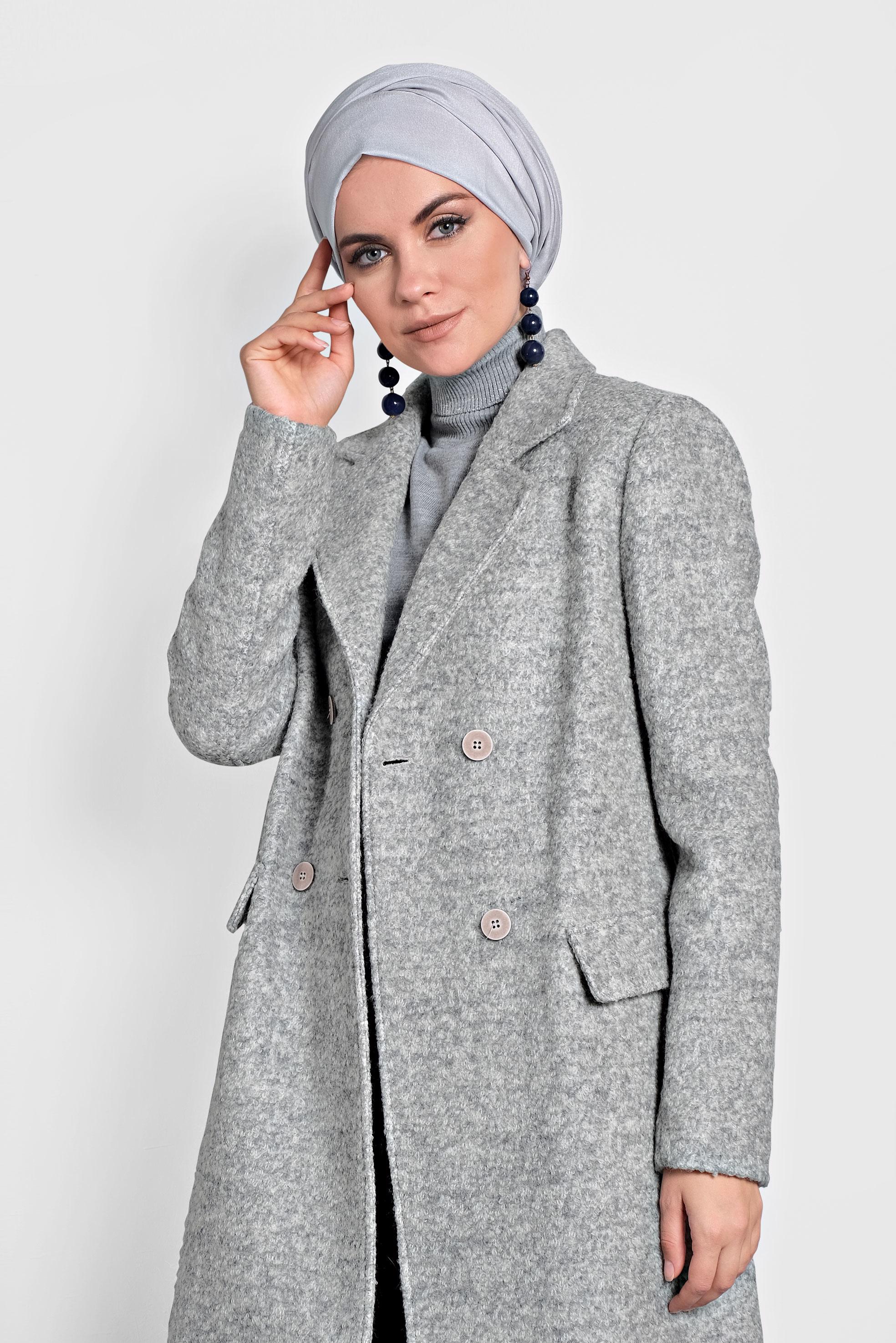 Tesettür giyim GRİ DÜĞMELİ KLASİK KABAN 90026 