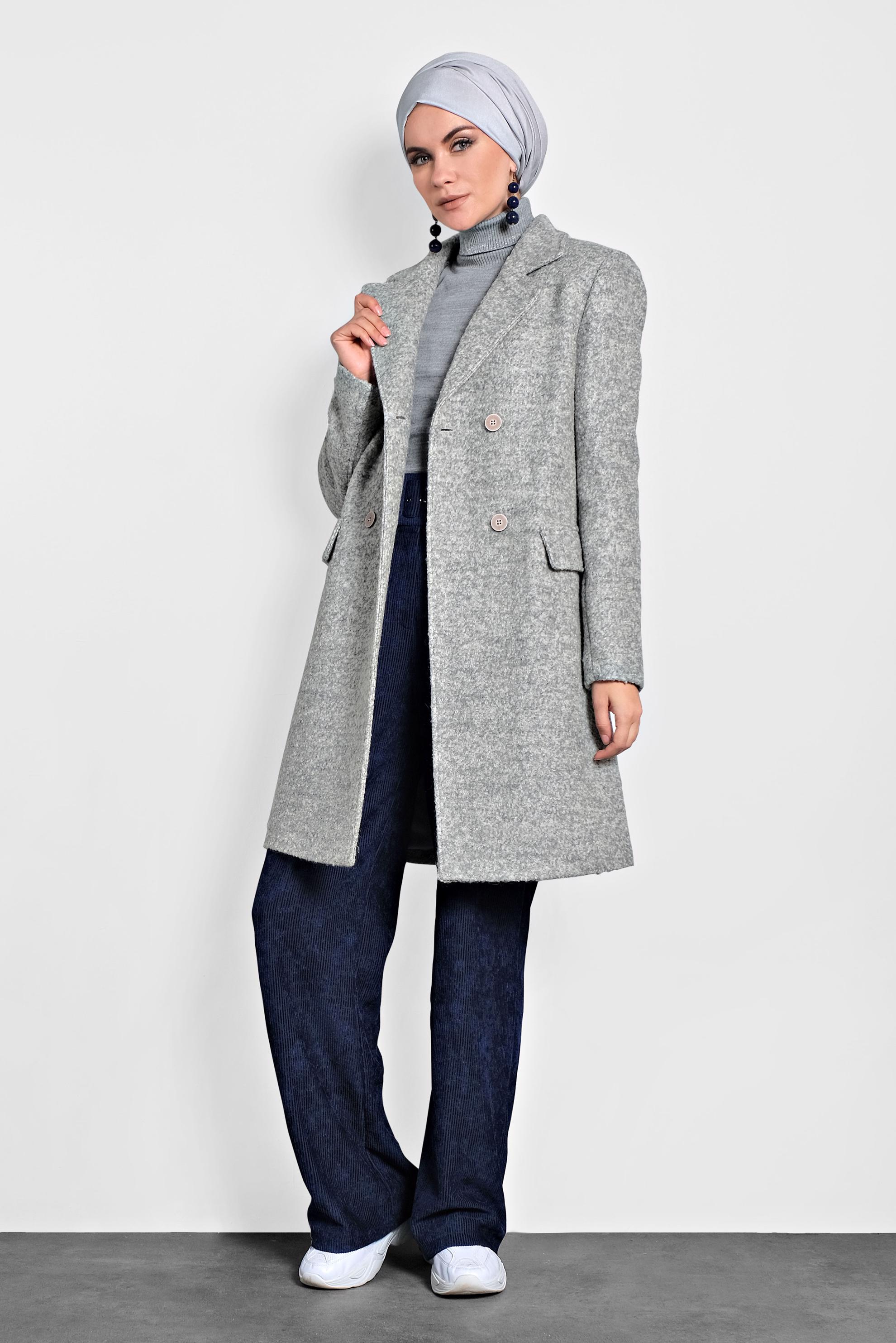 Tesettür giyim GRİ DÜĞMELİ KLASİK KABAN 90026 