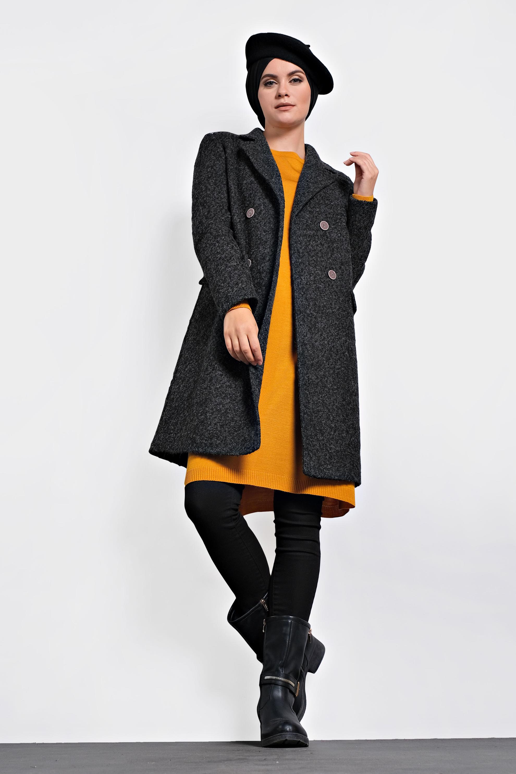 Tesettür giyim GRİ DÜĞMELİ KLASİK KABAN 90026 