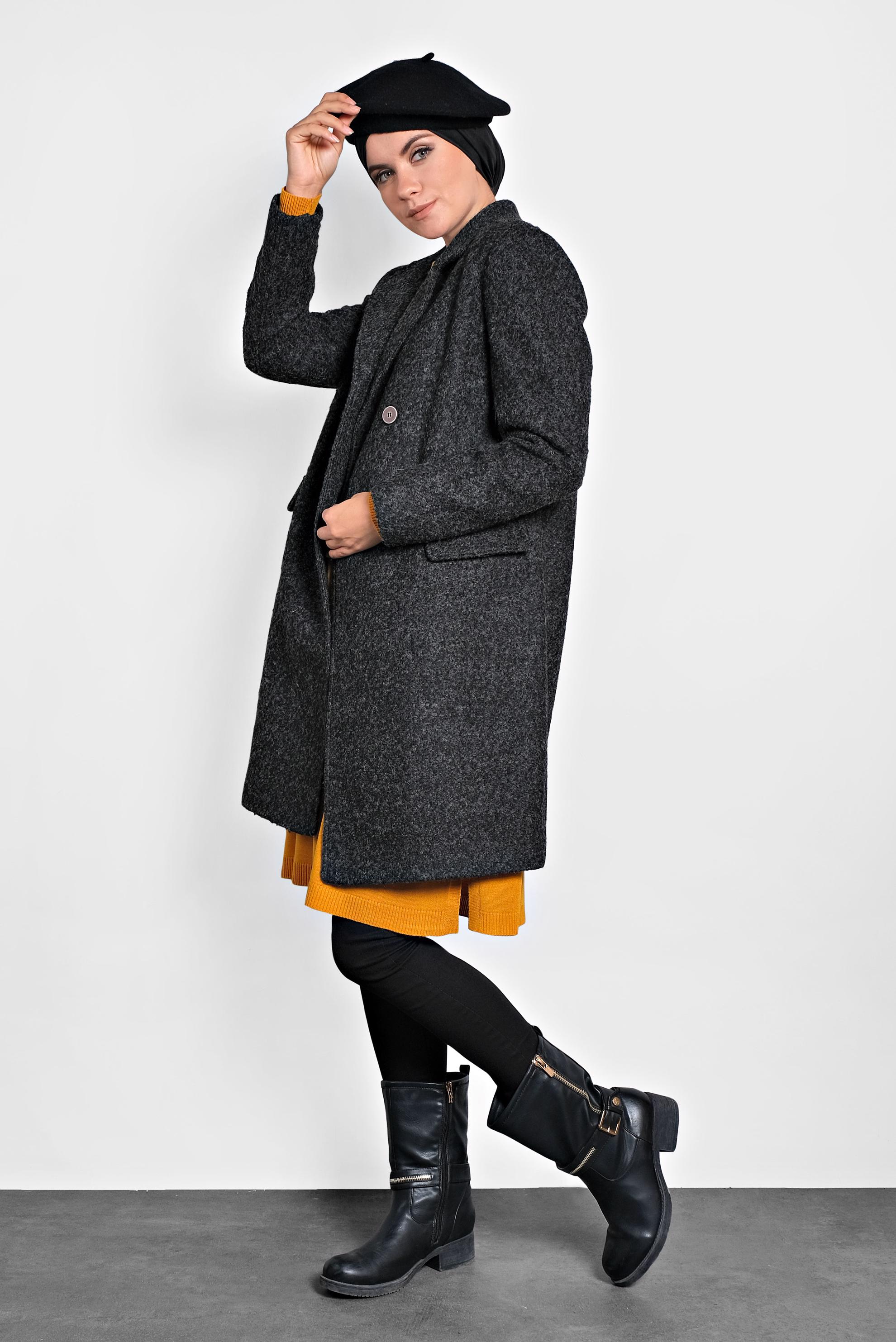 Tesettür giyim GRİ DÜĞMELİ KLASİK KABAN 90026 