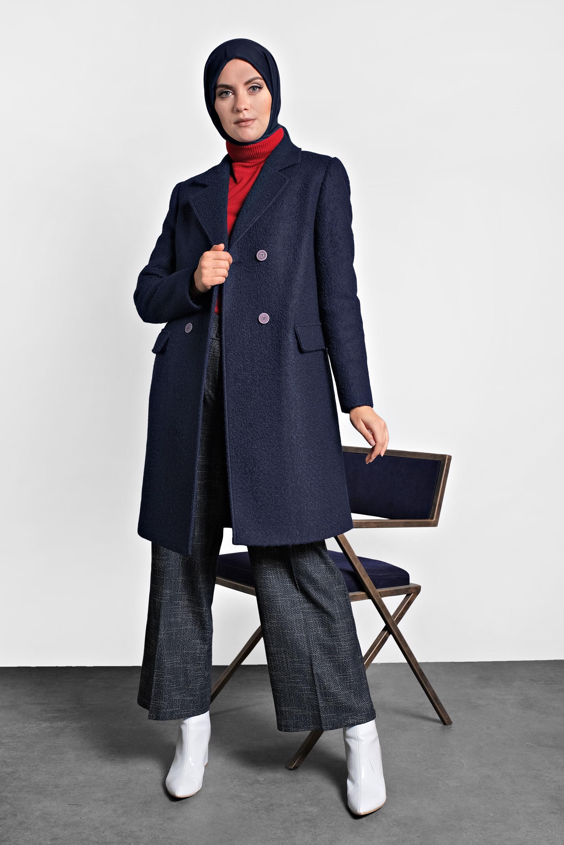 Tesettür giyim LACİVERT DÜĞMELİ KLASİK KABAN 90026 