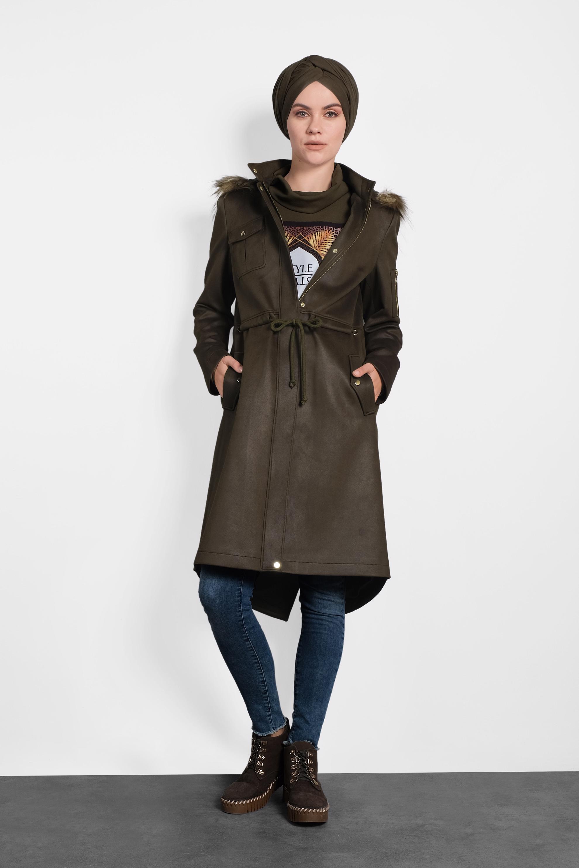 Tesettür giyim HAKİ KÜRKLÜ KAPÜŞONLU BELİ BAĞCIKLI KABAN 90028 