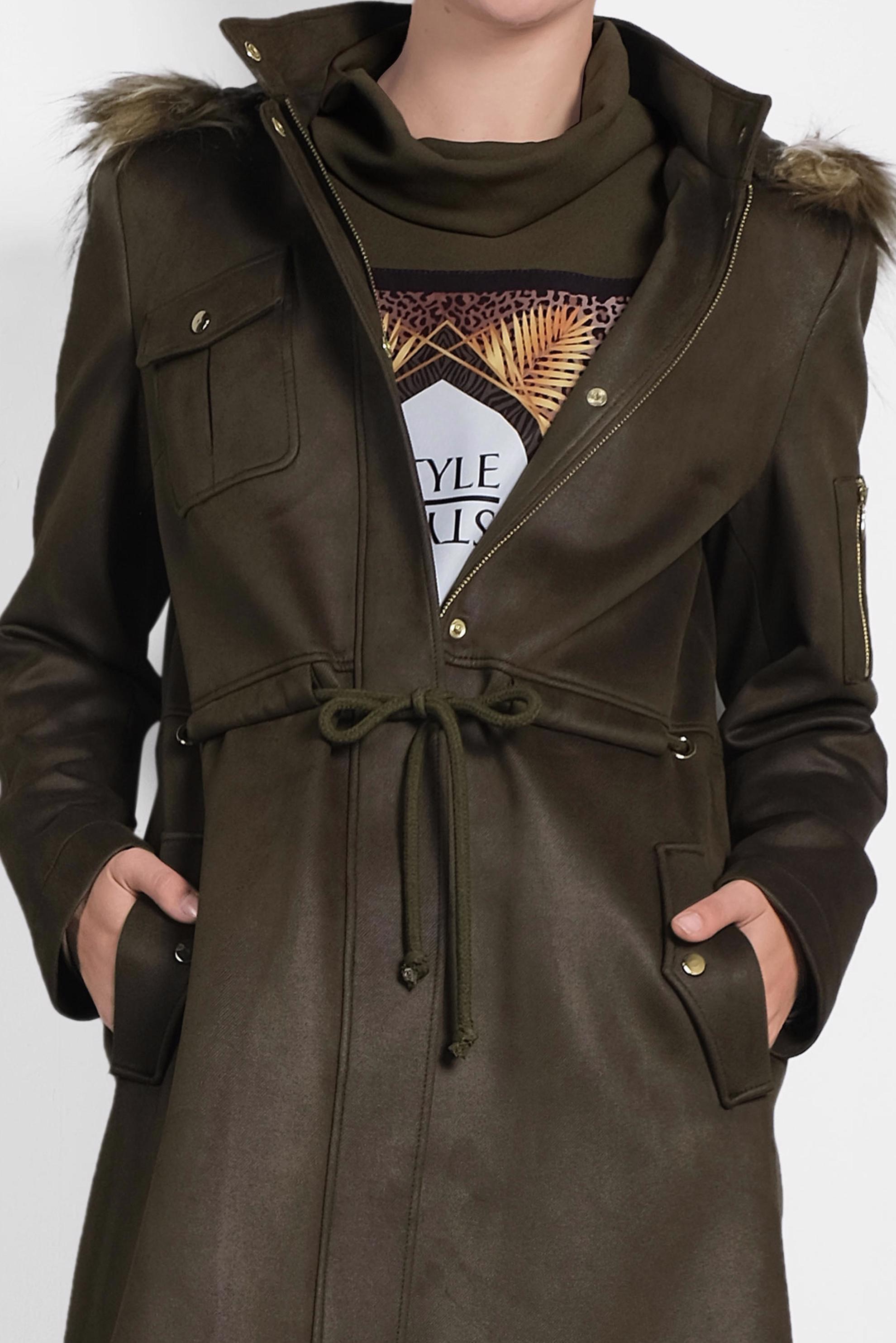 Tesettür giyim HAKİ KÜRKLÜ KAPÜŞONLU BELİ BAĞCIKLI KABAN 90028 