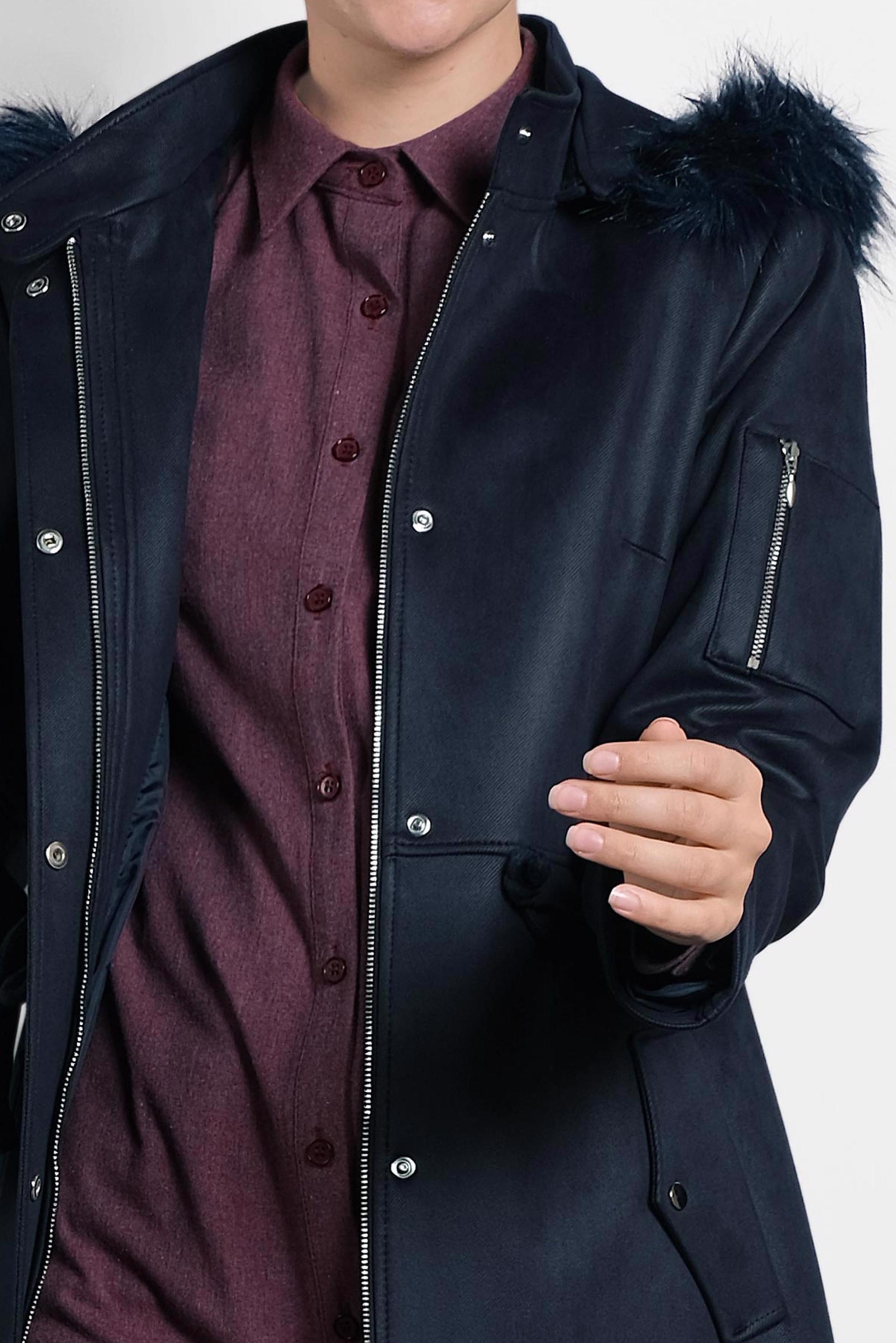 Tesettür giyim LACİVERT KÜRKLÜ KAPÜŞONLU BELİ BAĞCIKLI KABAN 90028 