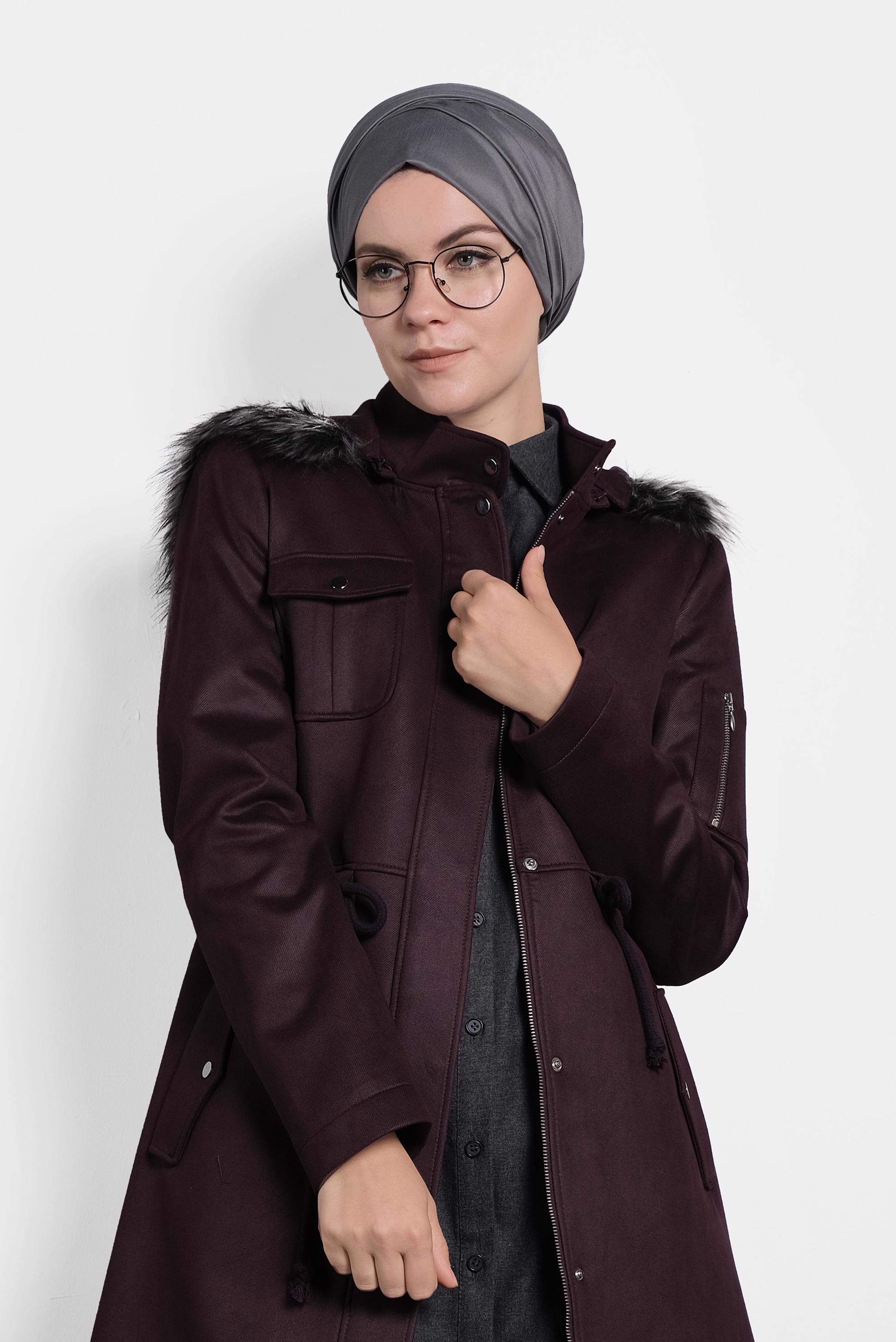 Tesettür giyim MÜRDÜM KÜRKLÜ KAPÜŞONLU BELİ BAĞCIKLI KABAN 90028 